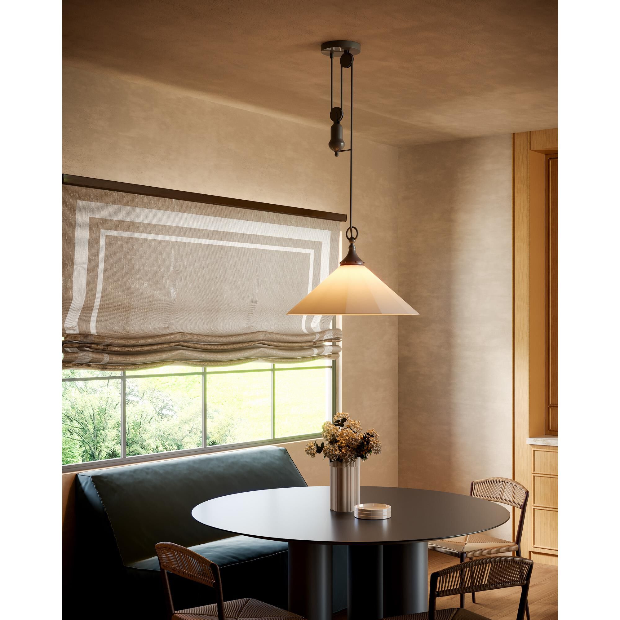 Shown in Matte Black finish and White Linen shade