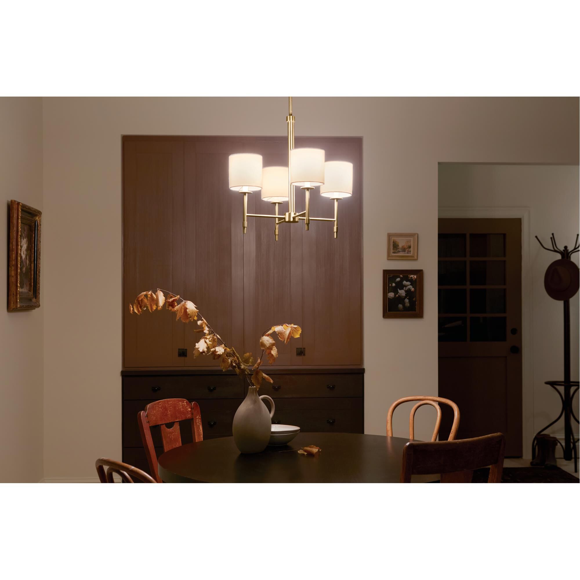 Shown in Brushed Natural Brass finish and Fabric and Drum shade