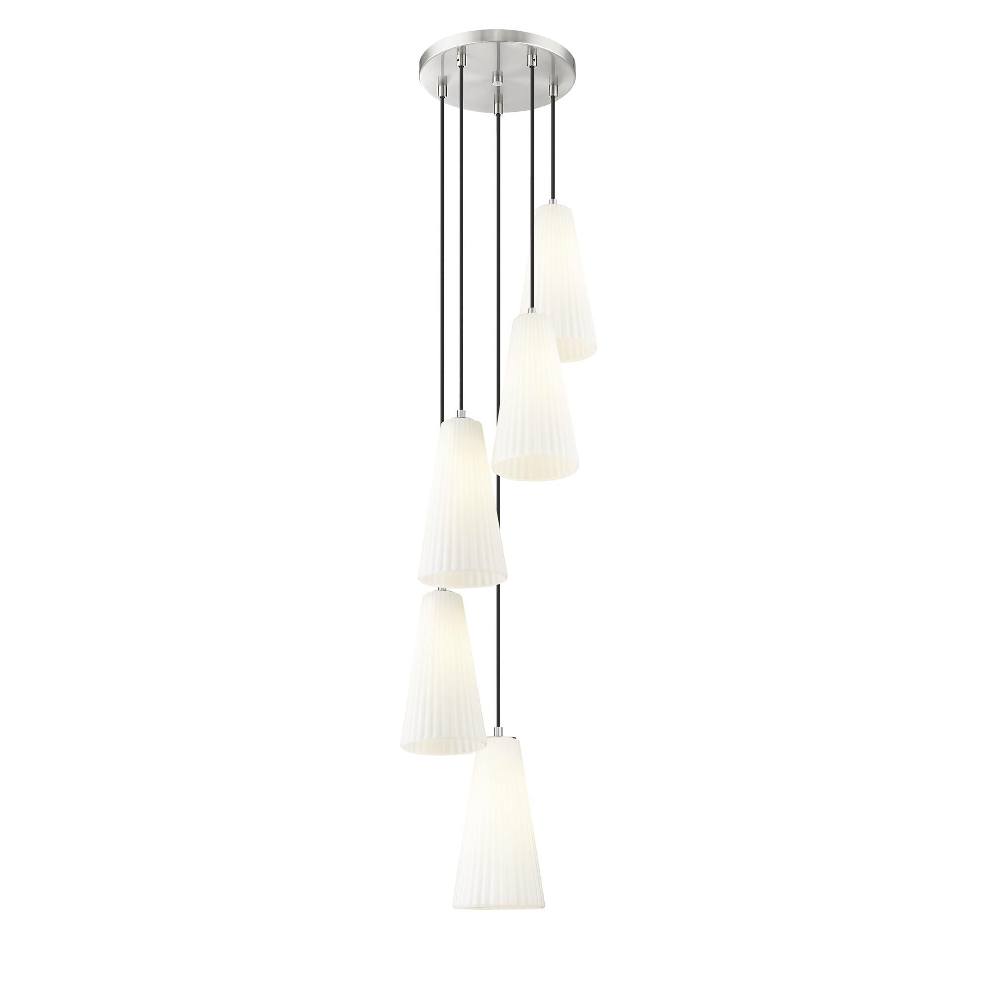 Shown in Brushed Nickel finish and White glass and White shade