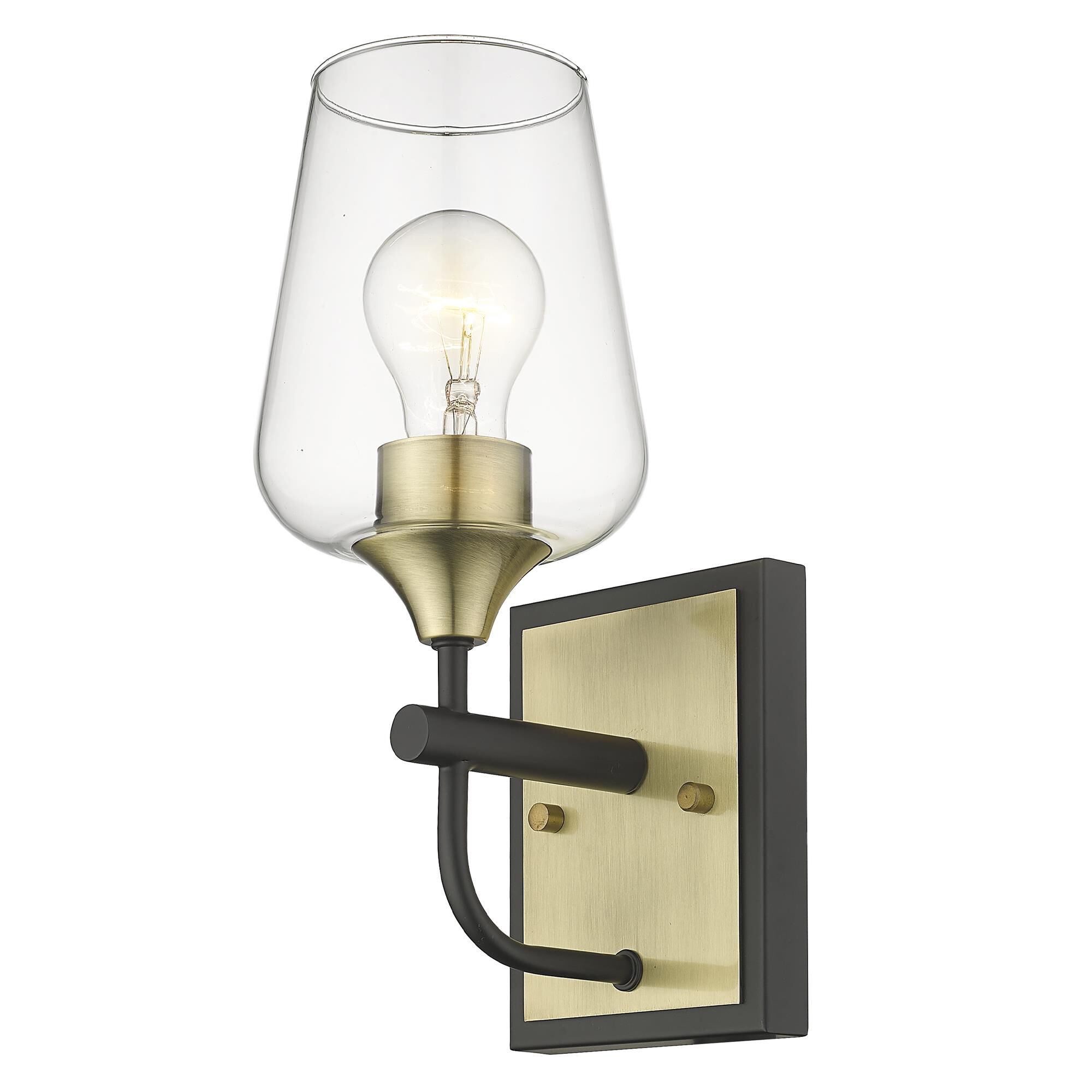 Shown in Antique Brass And Black finish and Clear Glass shade