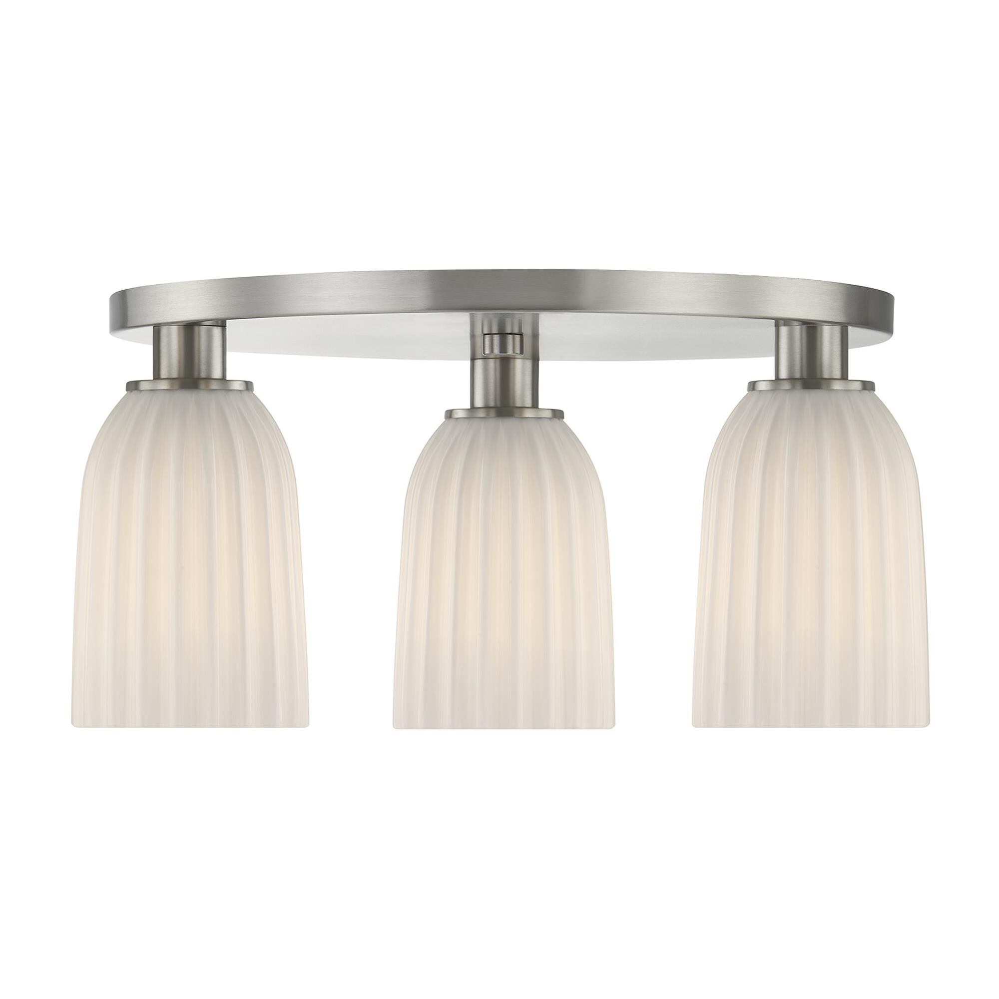 Shown in Satin Nickel finish and White Opal Ribbed glass