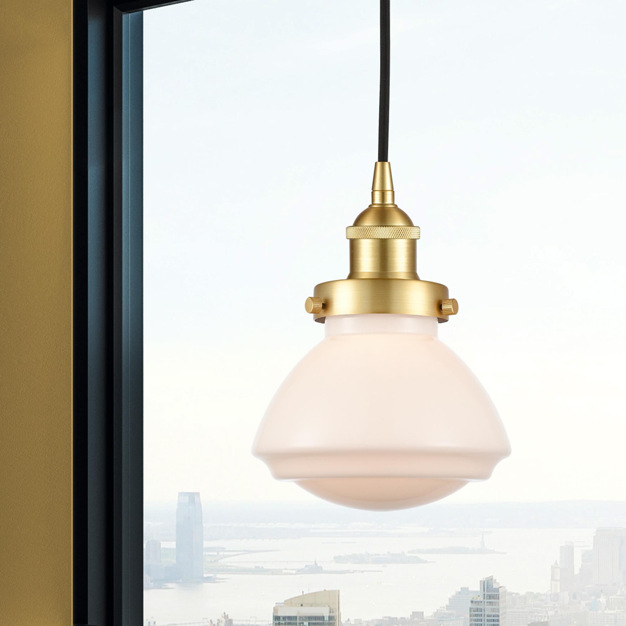 Shown in Satin Gold finish and Matte White glass