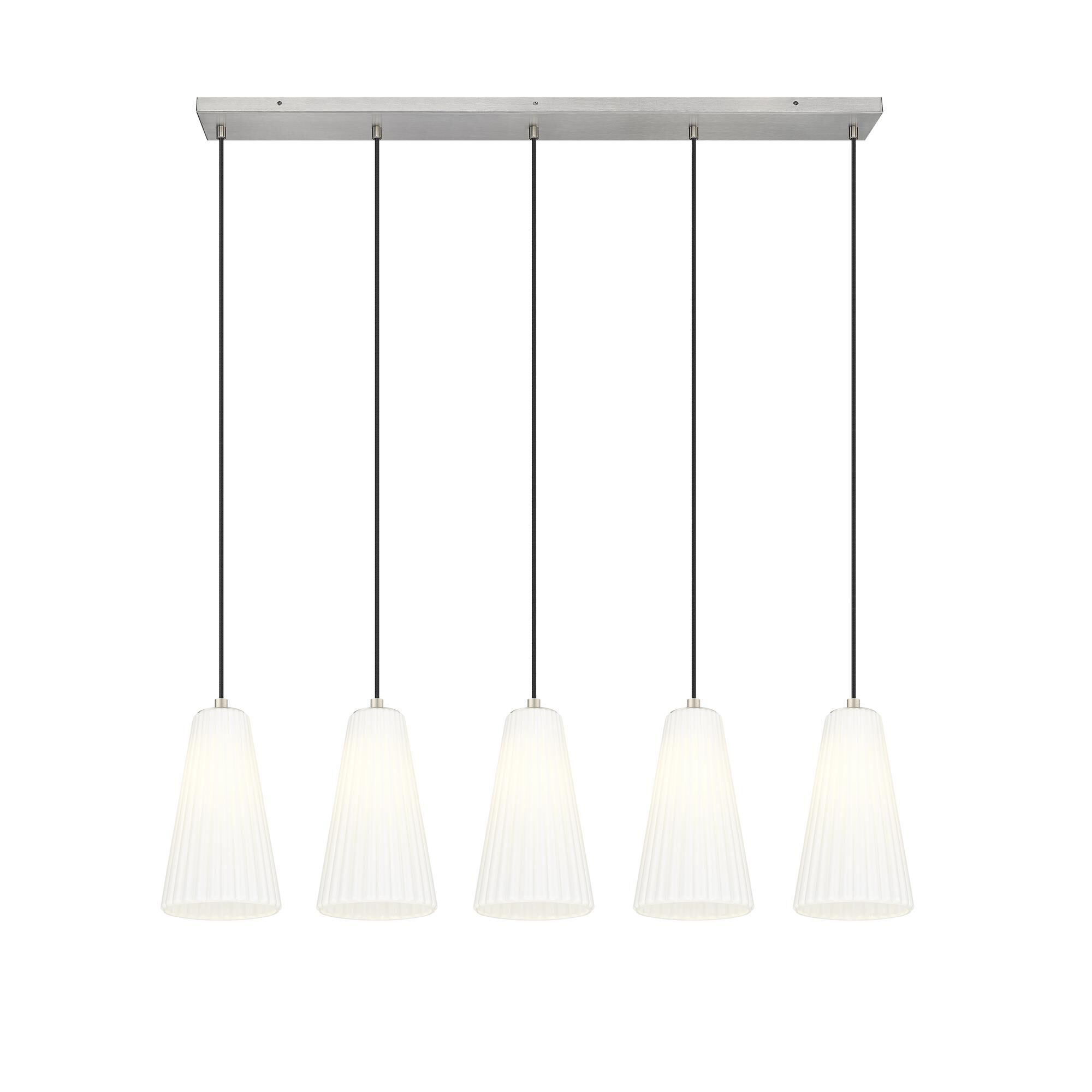 Shown in Brushed Nickel finish and White glass and White shade
