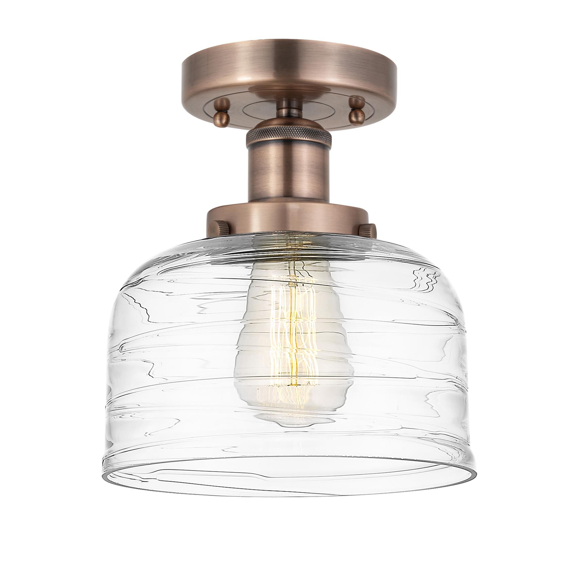 Shown in Antique Copper finish and Clear Deco Swirl glass
