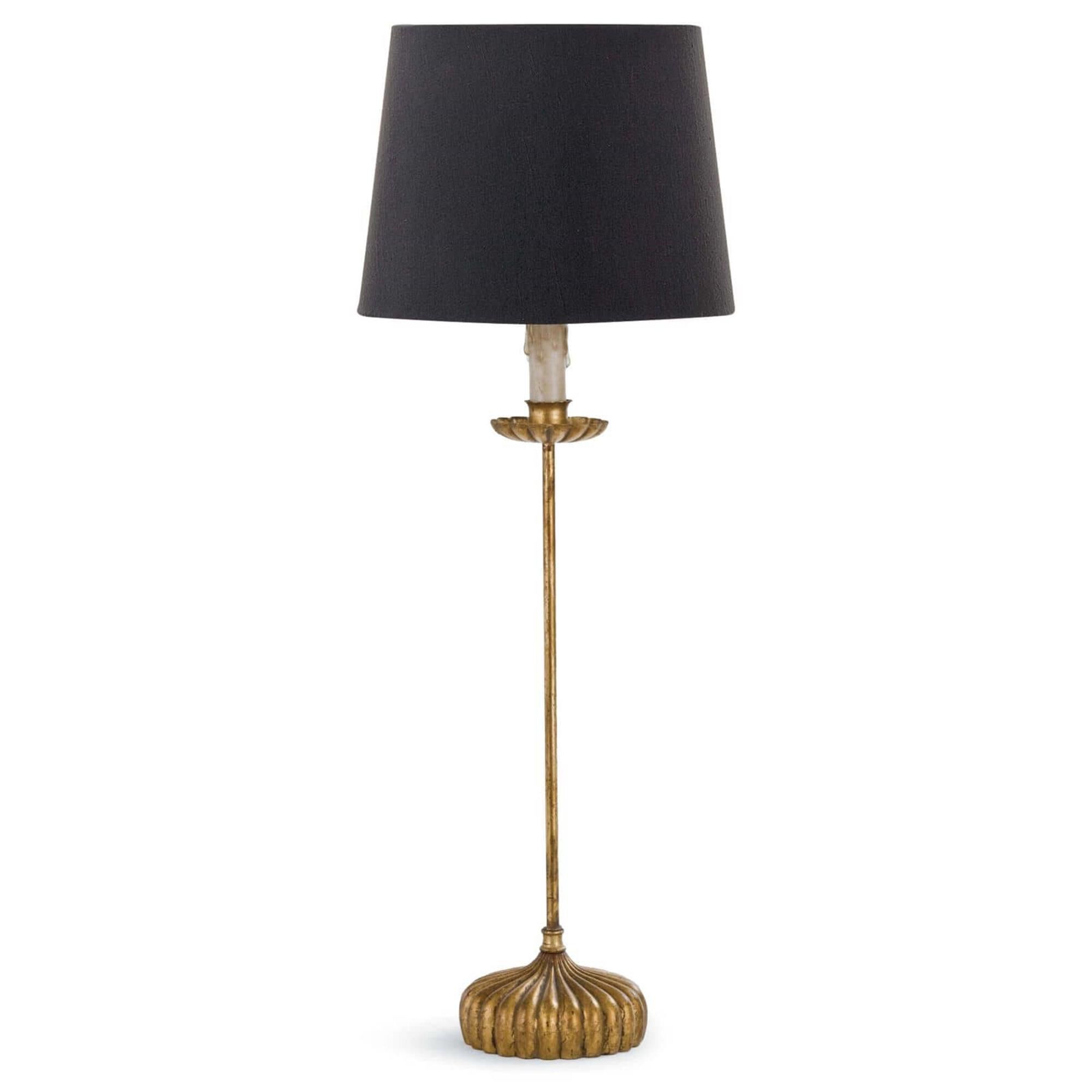 Shown in Antique Gold Leaf finish and Linen shade
