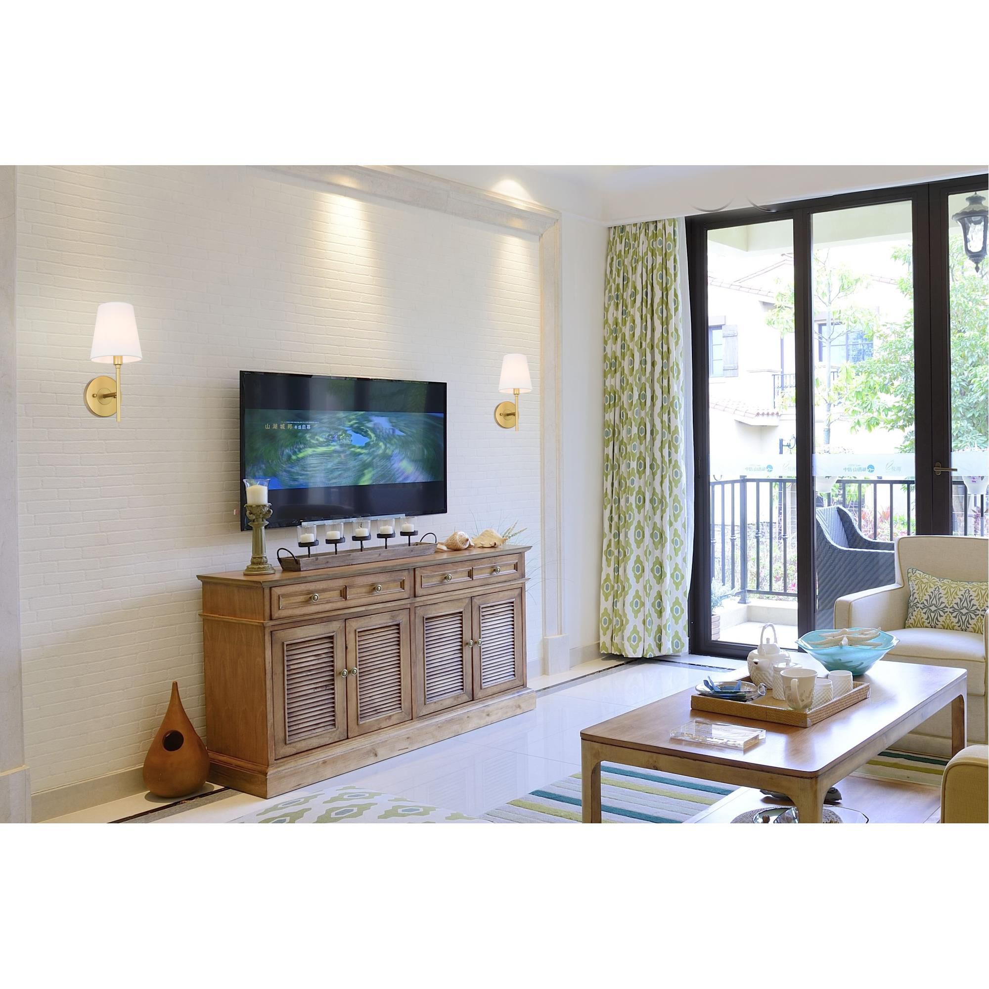 Shown in Brass finish and White Fabric shade