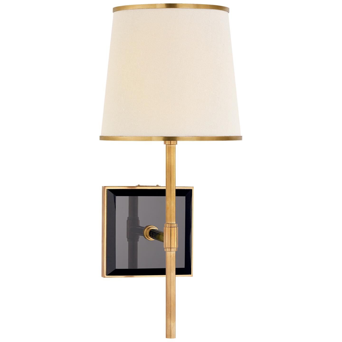 Shown in Soft Brass and Black finish and Linen with Soft Brass Trim shade