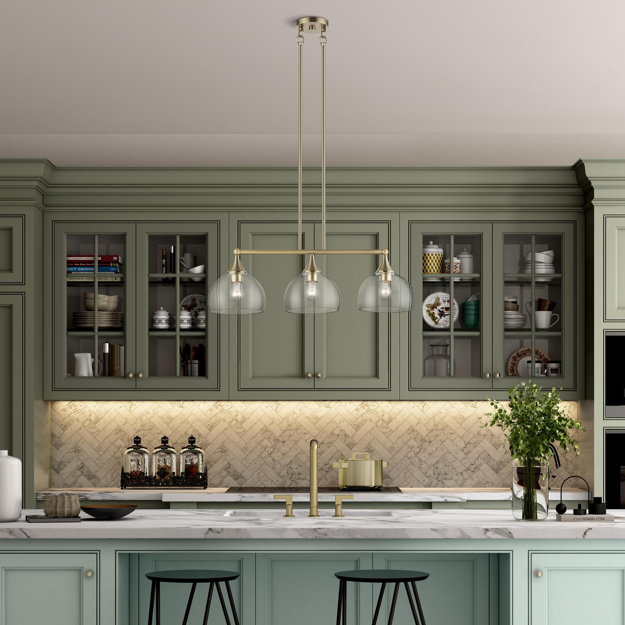 Shown in Antique Brass finish and Clear Hand Blown glass