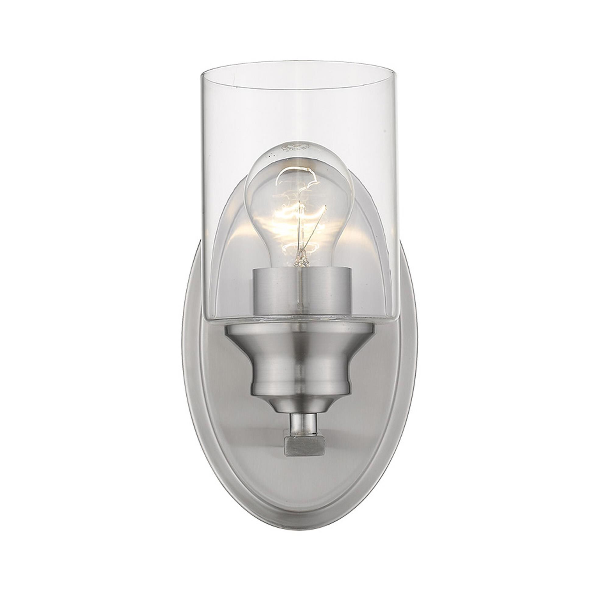 Shown in Satin Nickel finish and Clear glass and Clear, Cylindrical Glass shade
