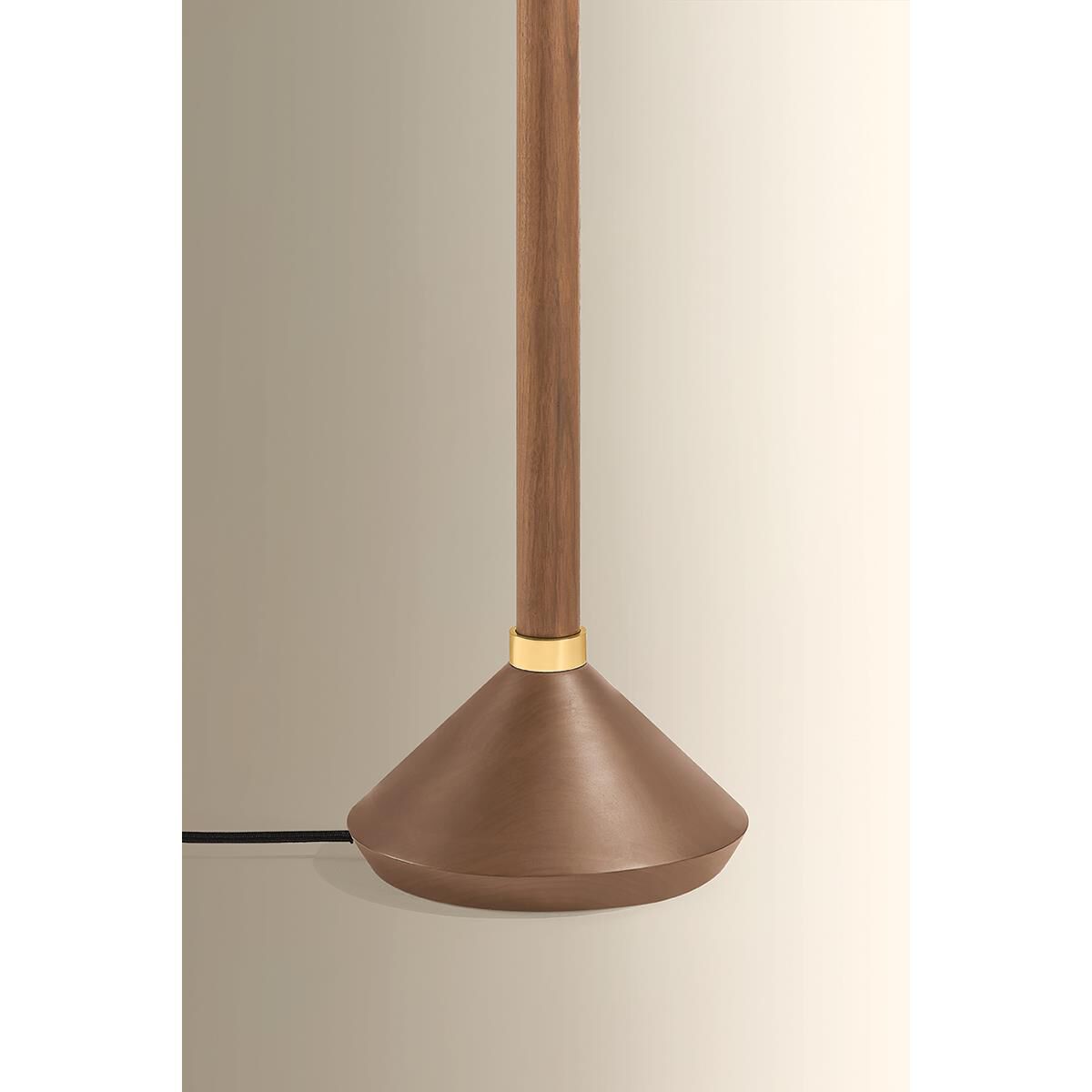 Shown in Aged Brass finish and White Linen shade