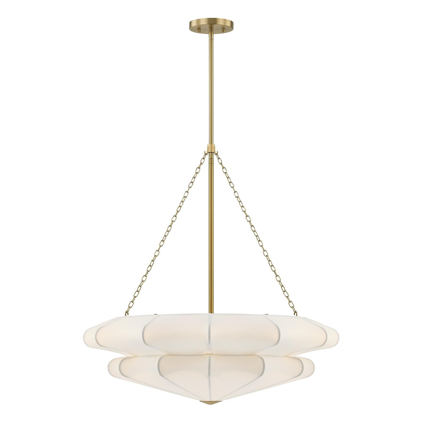 Shown in Warm Brass finish and Sheer White Fabric shade