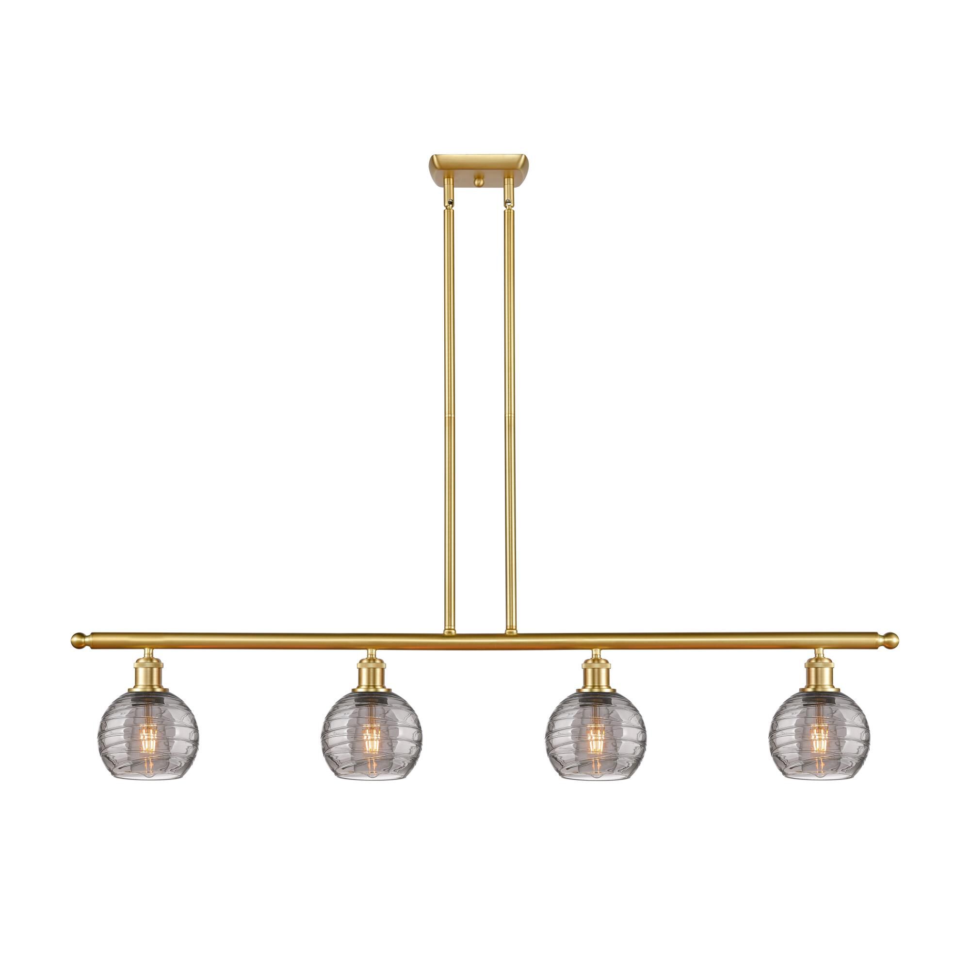 Shown in Satin Gold finish and Light Smoke Deco Swirl glass