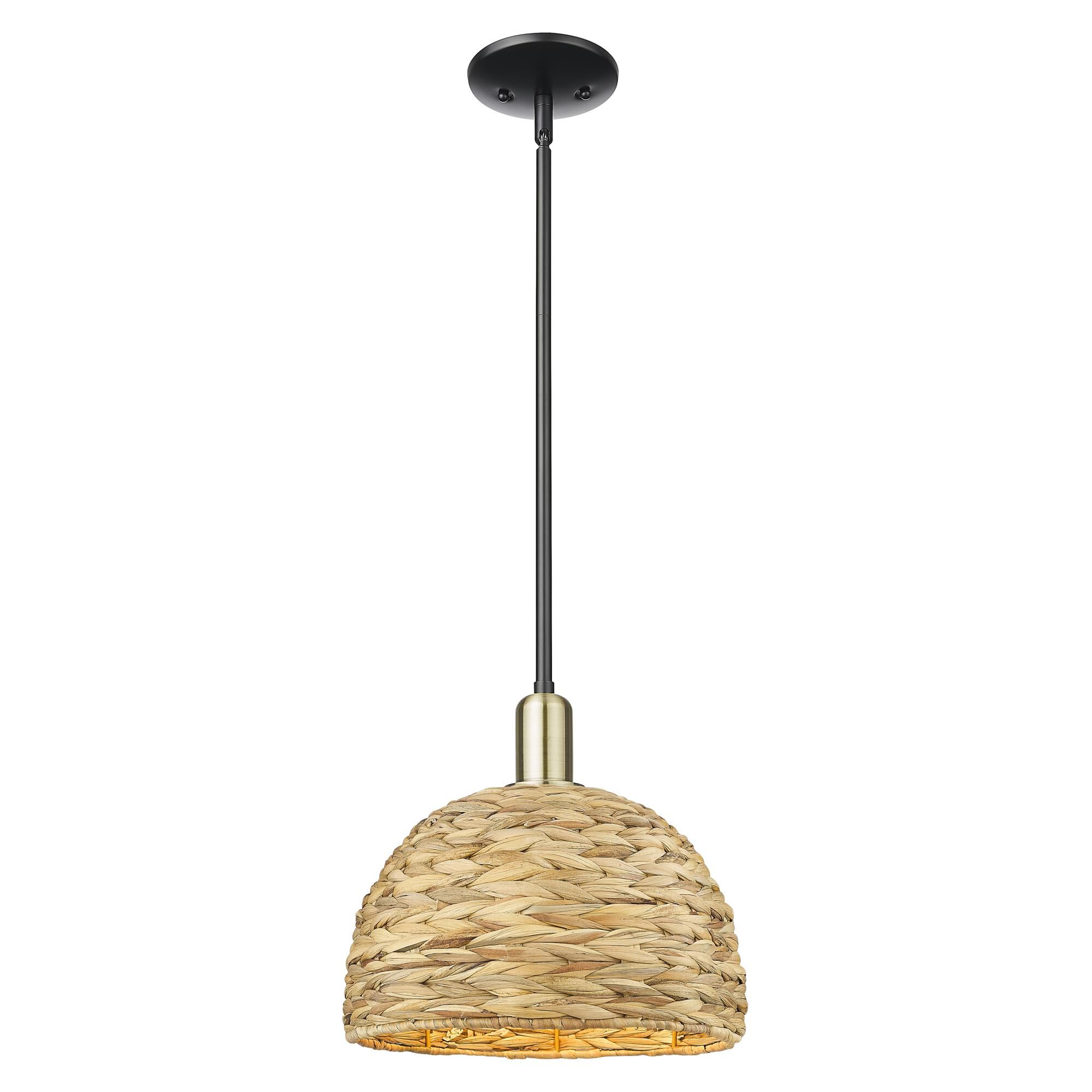 Shown in Black Antique Brass finish and Natural shade
