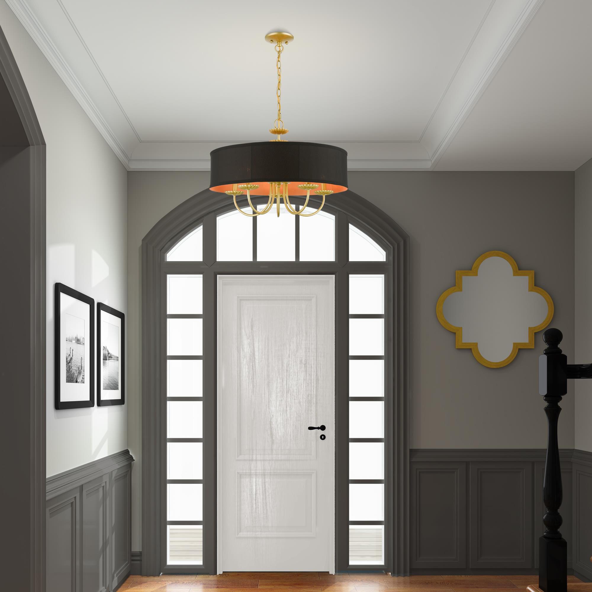 Shown in Soft Gold finish and Black Fabric Hardback with Orange Fabric Inside shade