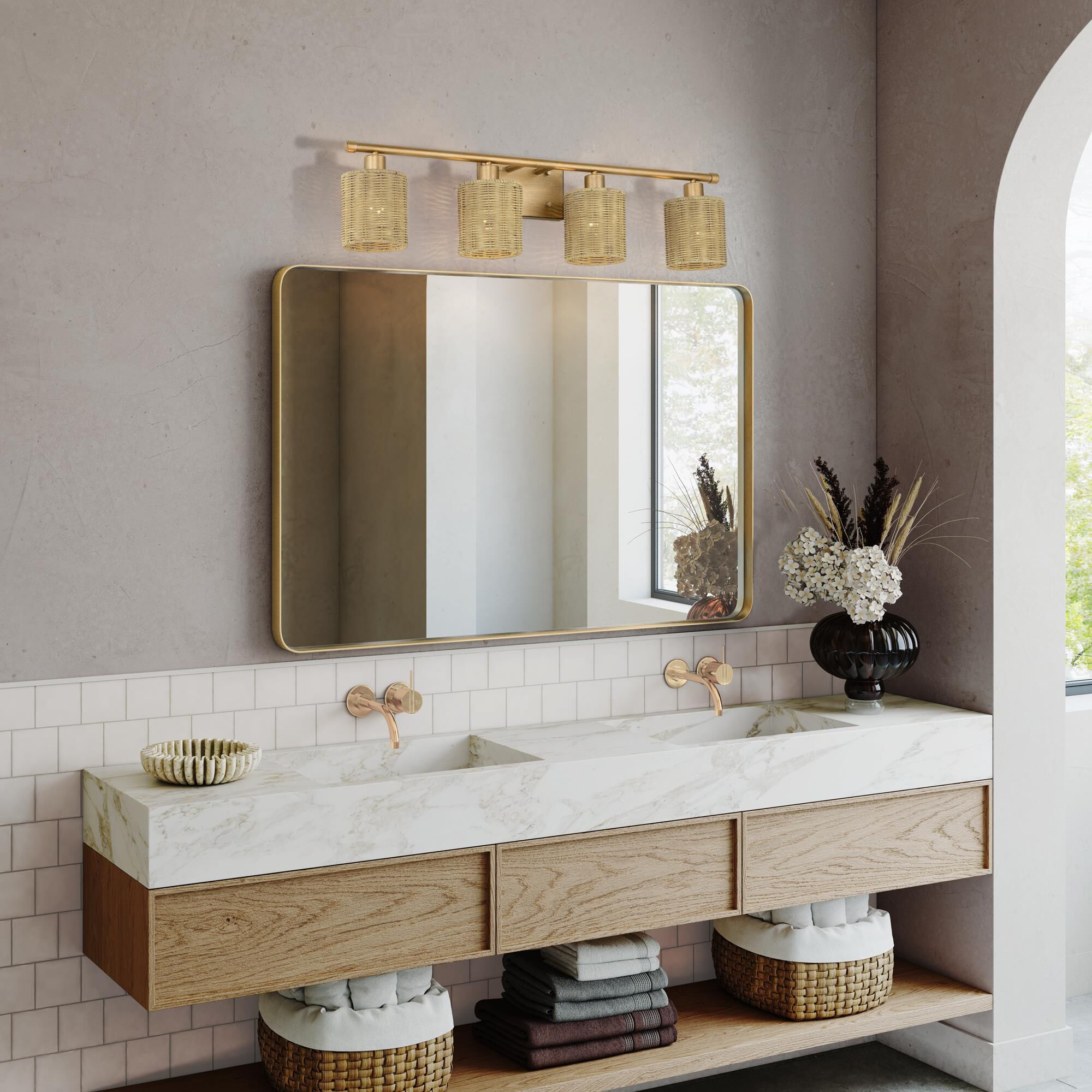 Shown in Antique Gold Leaf finish and Hand-Woven Rustic Walnut Color Rattan shade