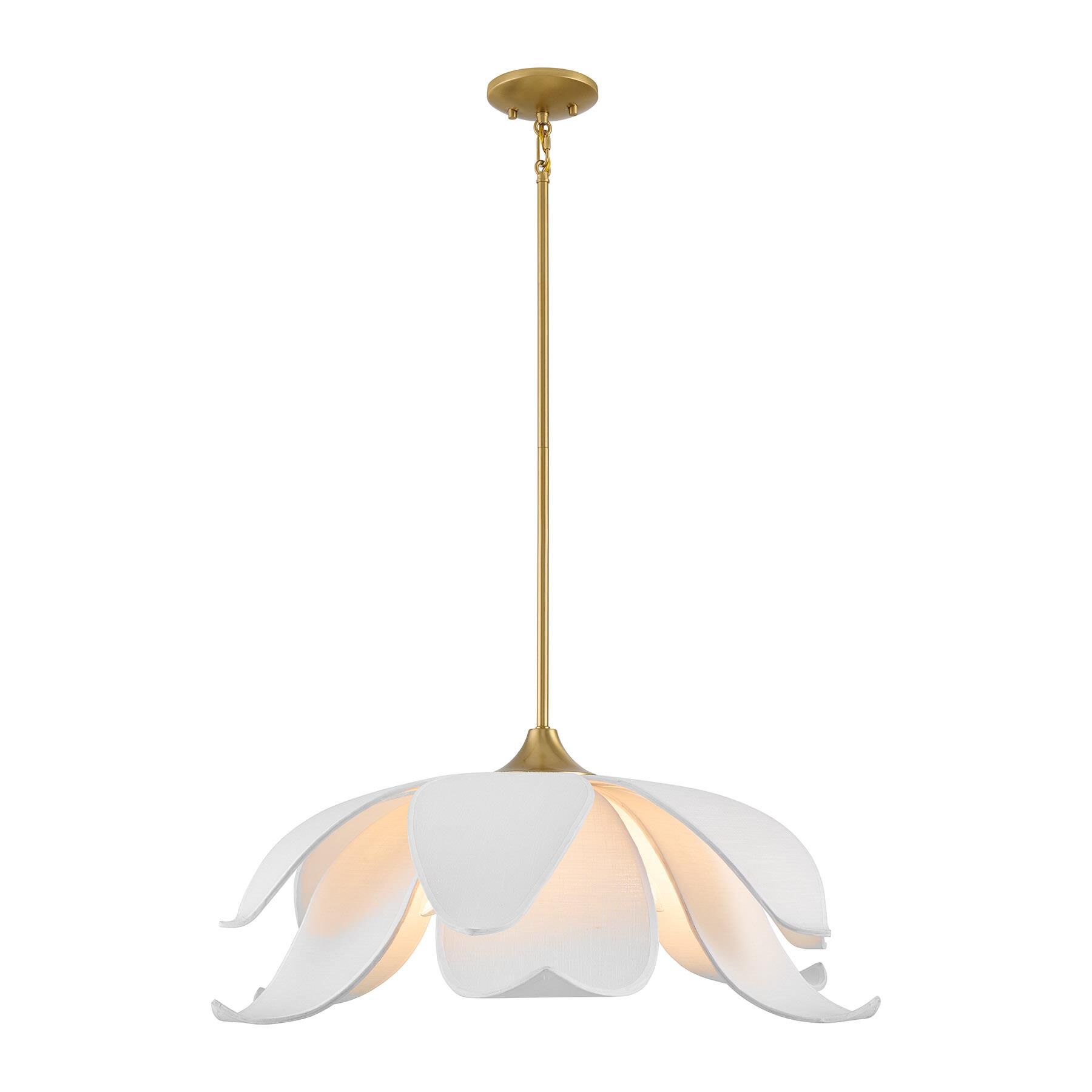 Shown in Warm Brass finish and Linen glass and White shade