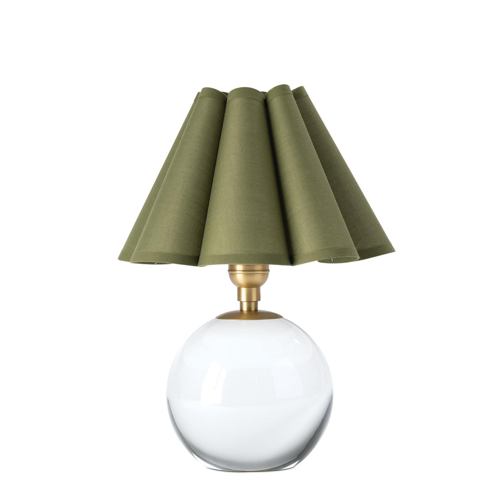 Shown in Natural Brass finish and Green Scalloped Linen shade