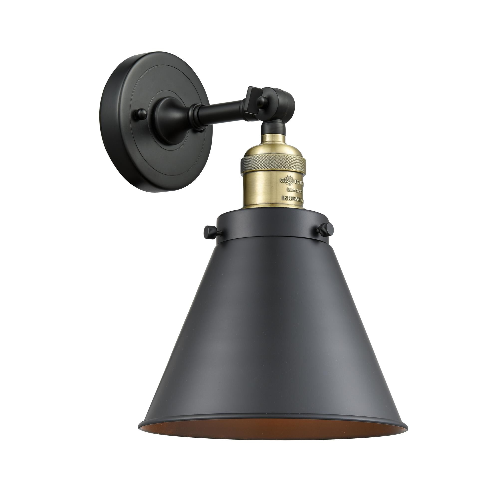 Shown in Black Antique Brass finish and Metal - Matte Black - Cone shade