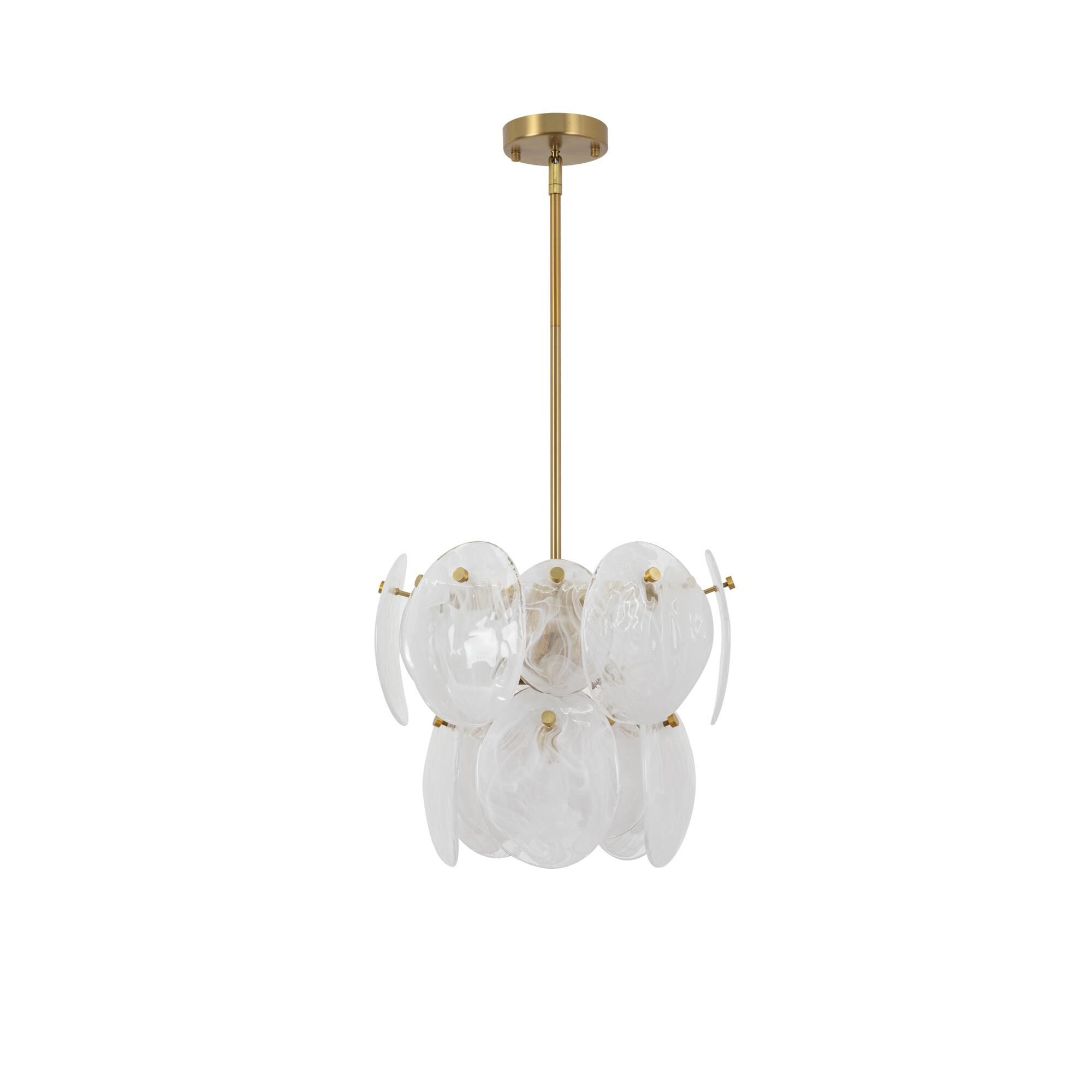 Shown in Brushed Brass finish and Wispy White Murano Style glass