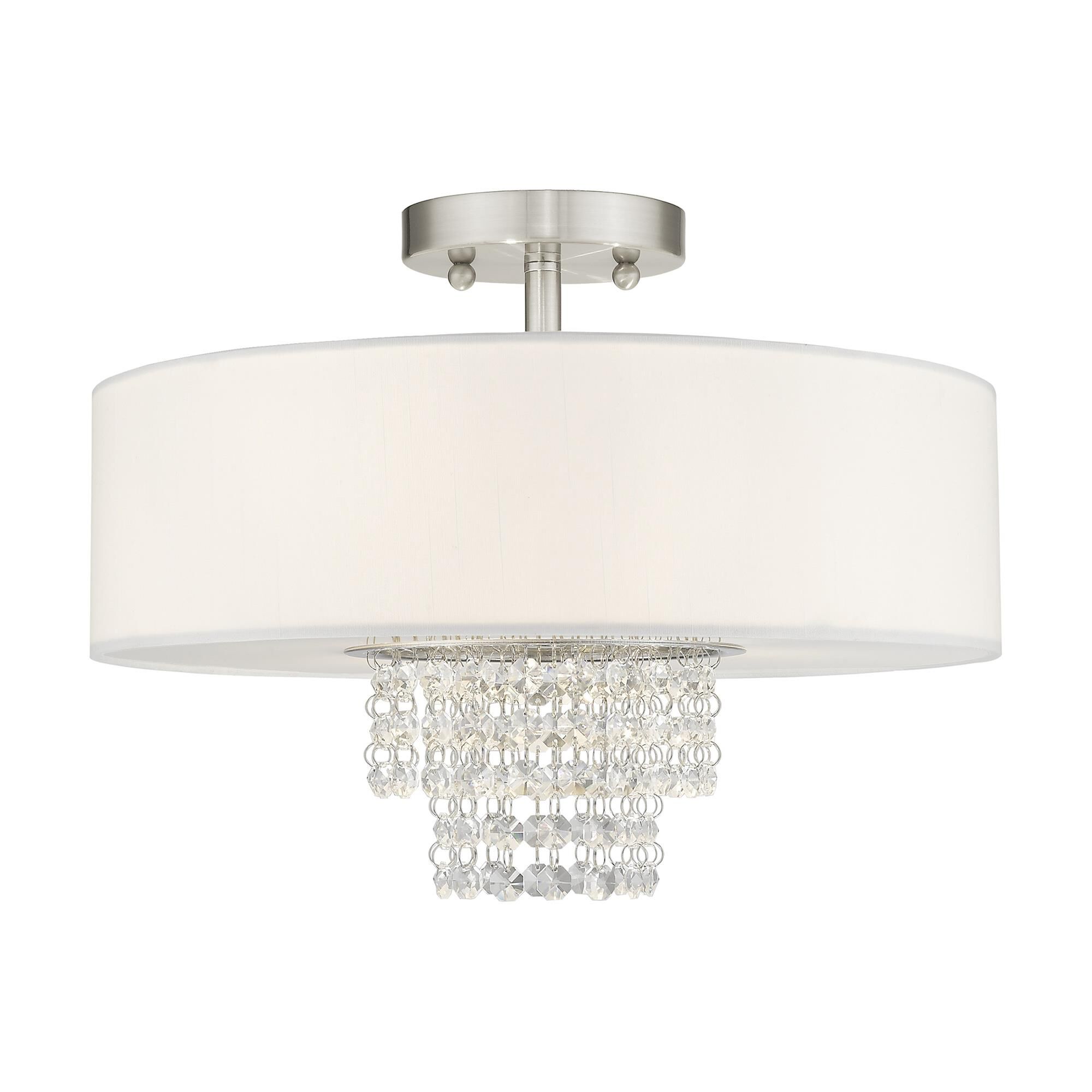 Shown in Brushed Nickel finish and Clear crystal and Off-White Sheer Organza shade