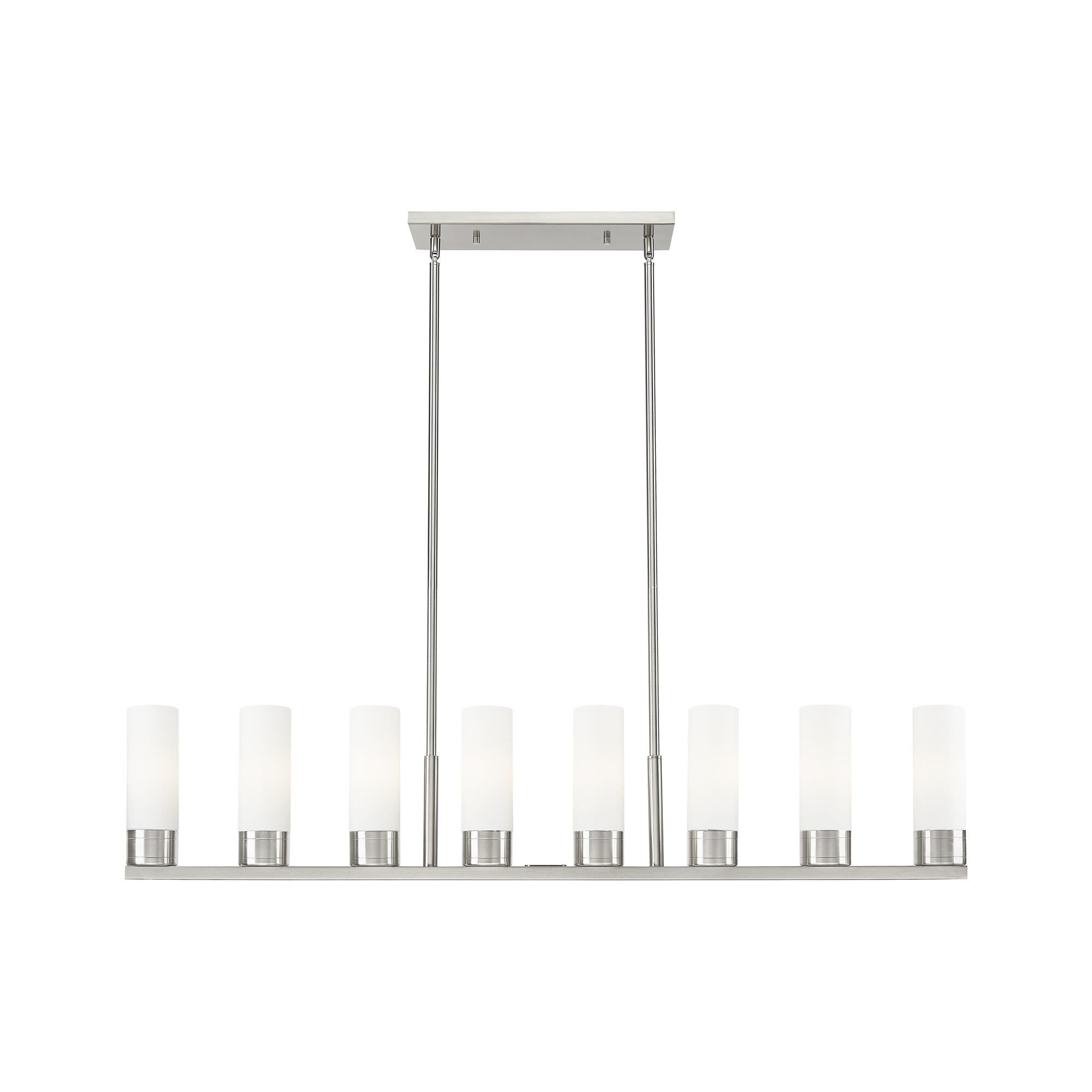 Shown in Satin Nickel finish and White glass
