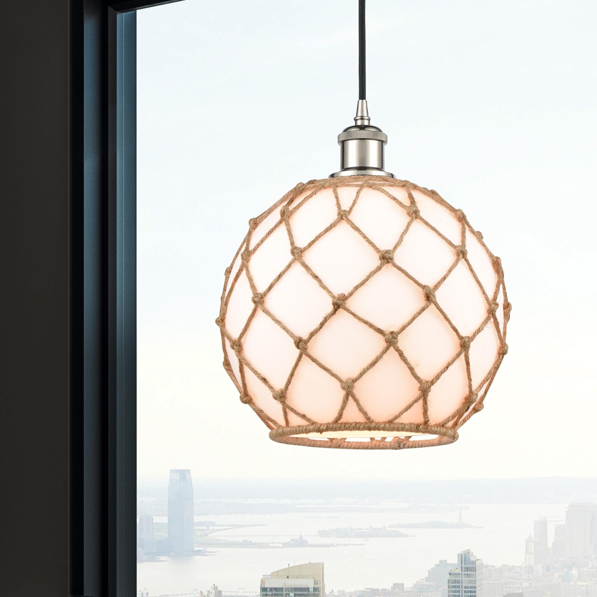 Shown in Polished Nickel finish and White Large Farmhousewith Brown Rope glass and Polished Chrome accent