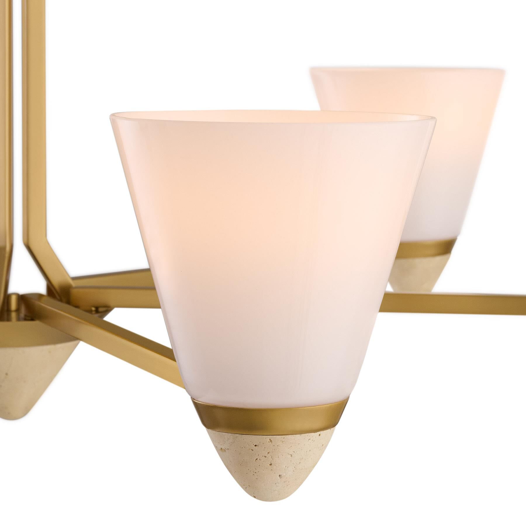 Shown in Warm Brass finish and White Opal glass