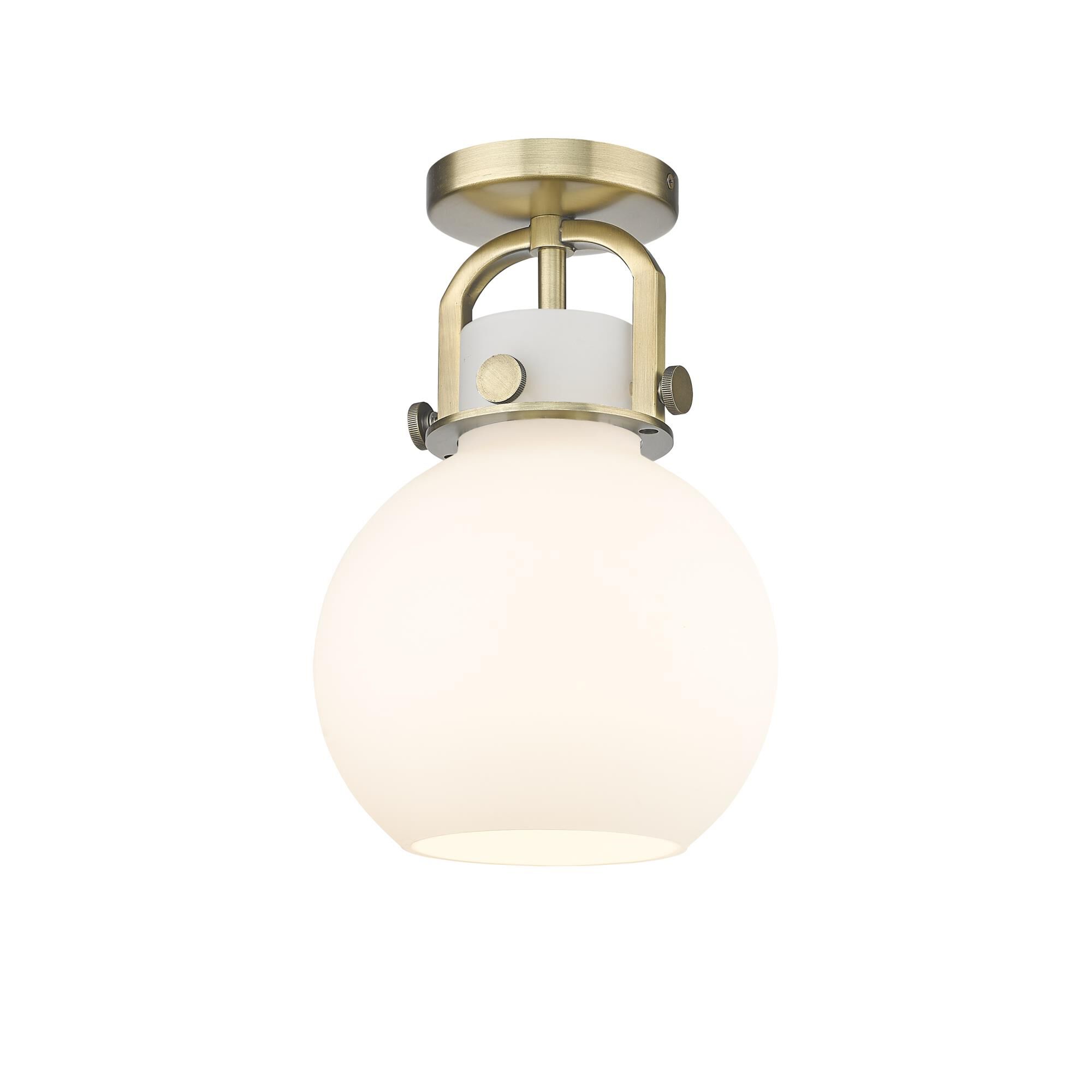 Shown in Brushed Brass finish and Matte White glass