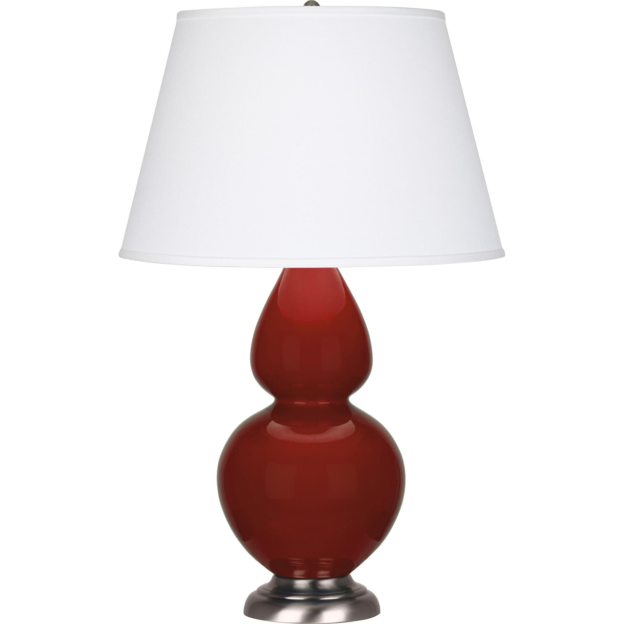 Shown in Oxblood Glazed finish and Pearl Dupioni shade and Antique Silver accent