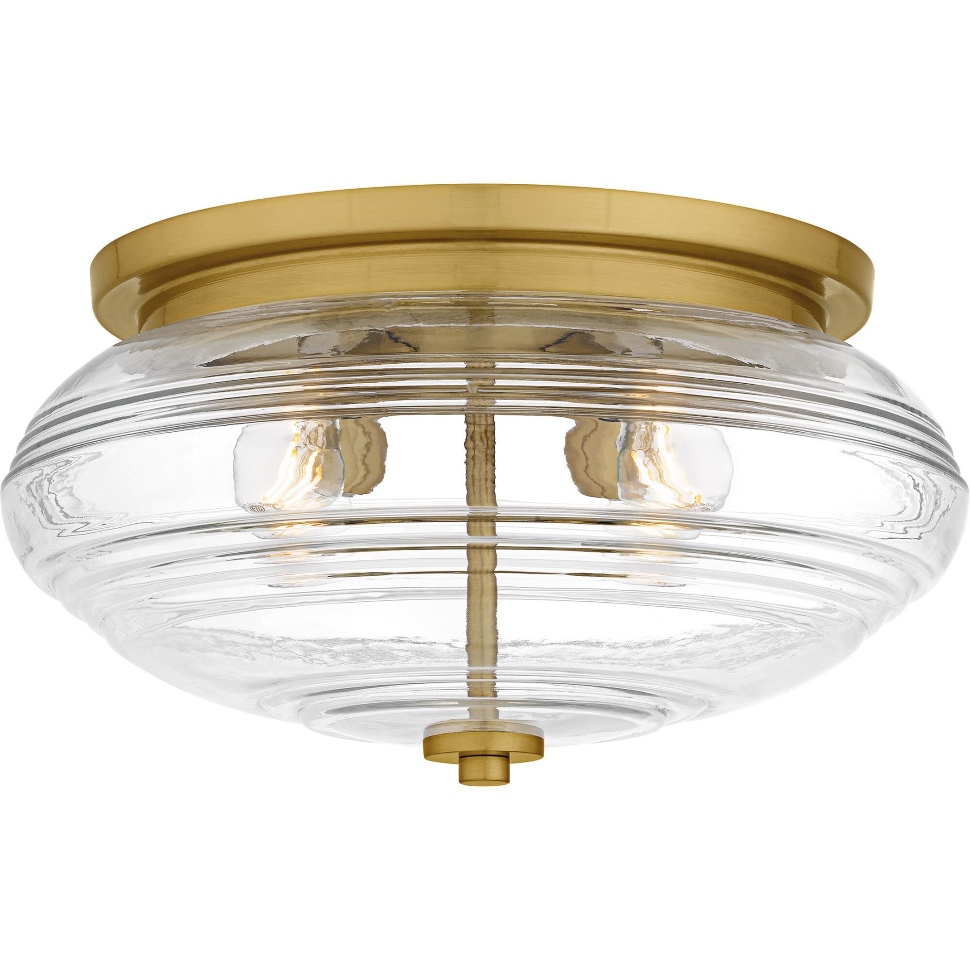 Shown in Brushed Gold finish and Clear Ribbed Glass shade