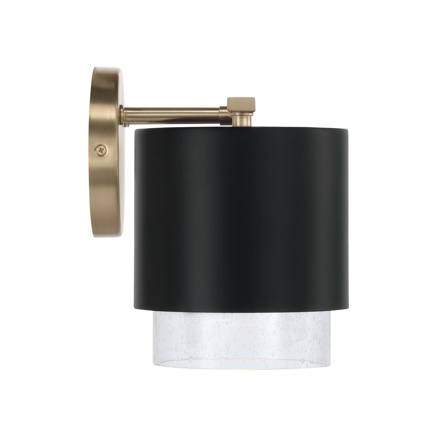Shown in Matte Brass and Black finish and Clear Seeded glass and Metal with Brass Interior shade