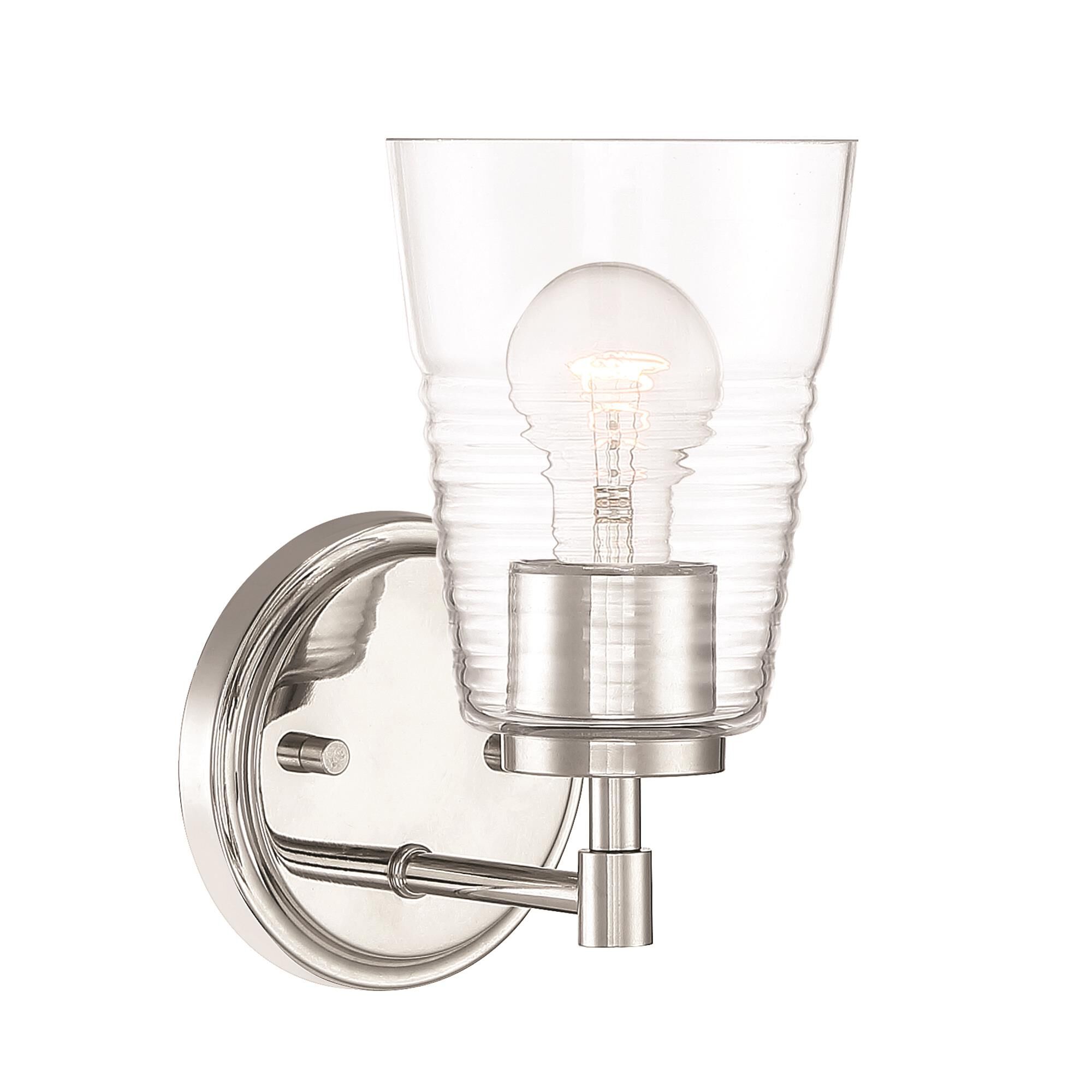 Shown in Polished Nickel finish and Clear Blown Ripple glass