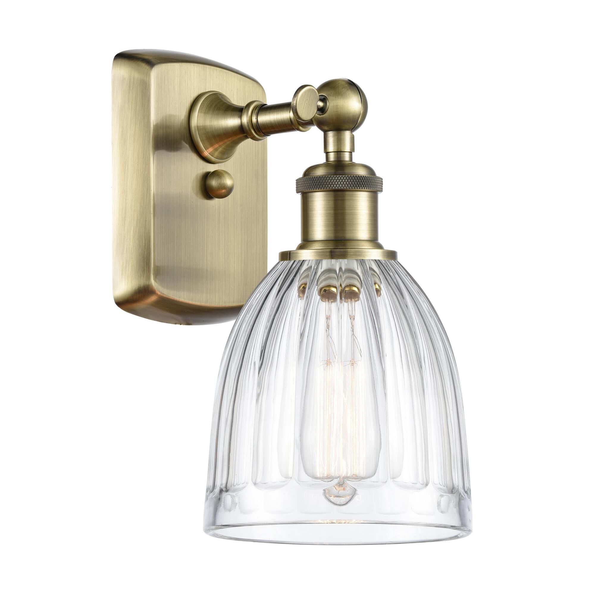 Shown in Antique Brass finish and Clear Brookfield glass and None shade