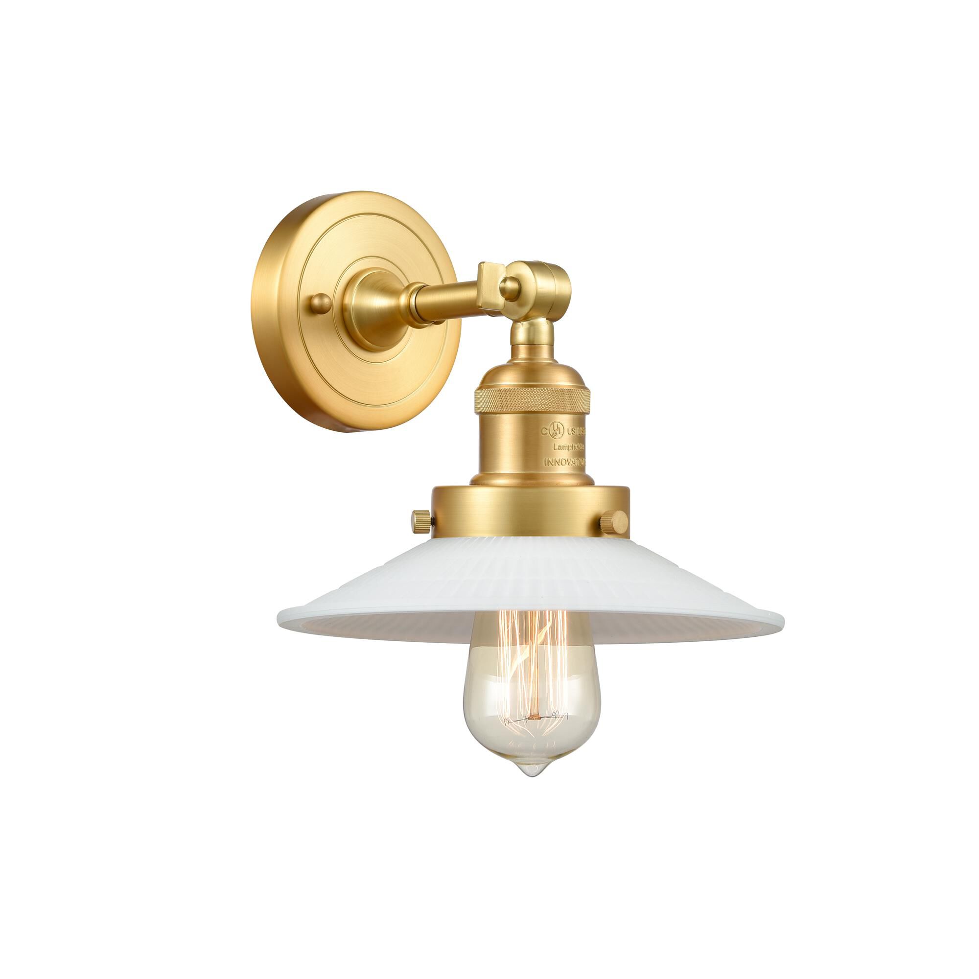 Shown in Satin Gold finish and White Halophane glass