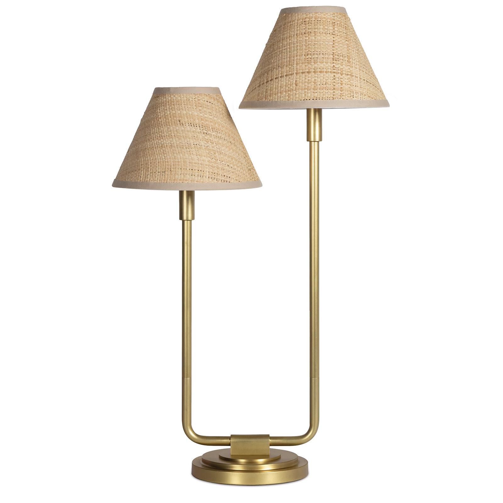 Shown in Natural Brass finish and Rattan shade