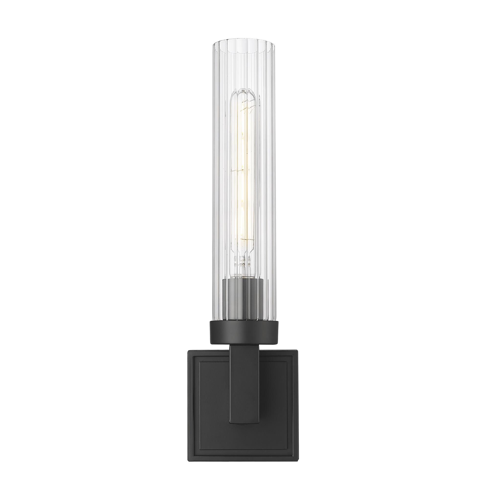 Shown in Matte Black finish and Clear Ribbed glass and Clear Ribbed shade