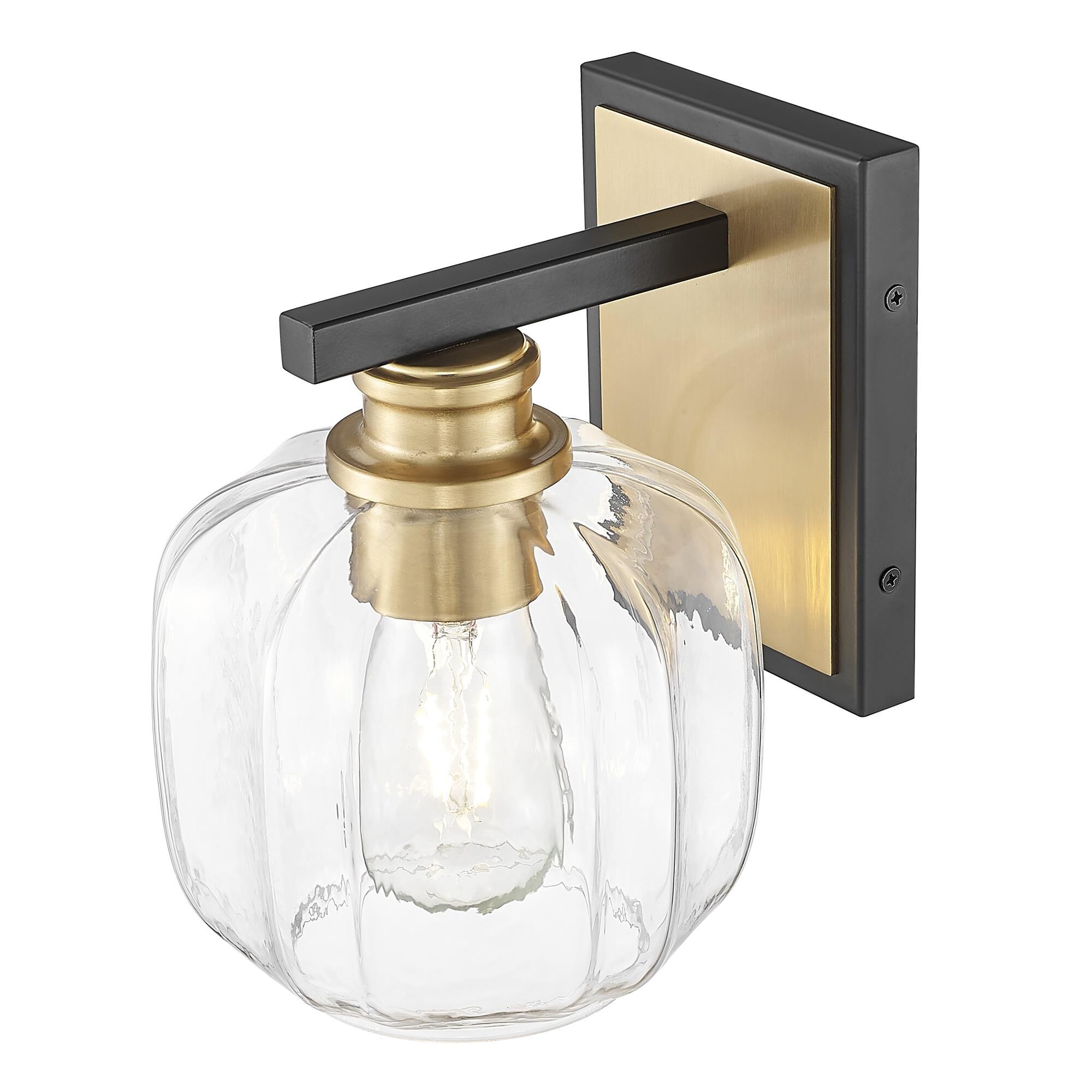 Shown in Matte Black And Brass finish and Clear Glass Globe shade
