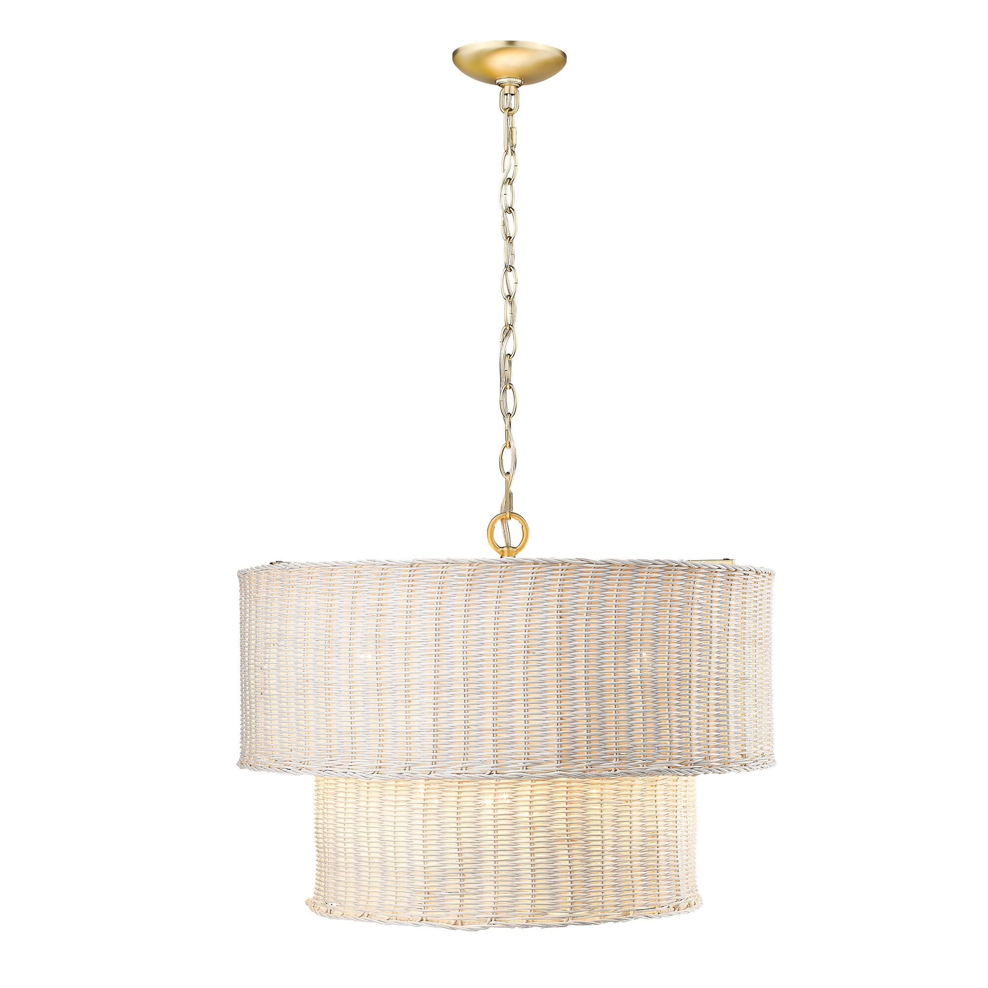 Shown in Brushed Champagne Bronze finish and White Wicker shade