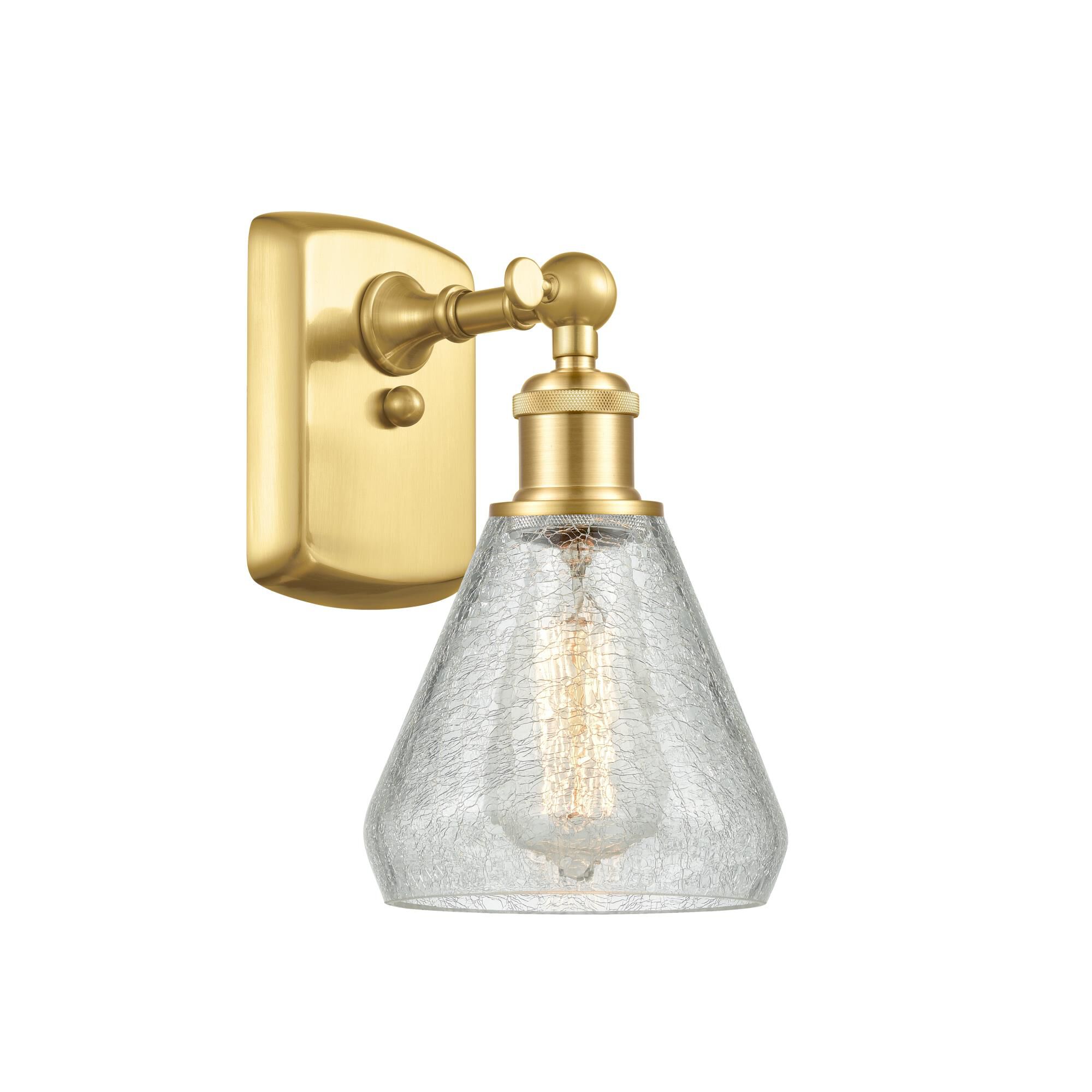 Shown in Satin Gold finish and Clear Crackle Conesus glass