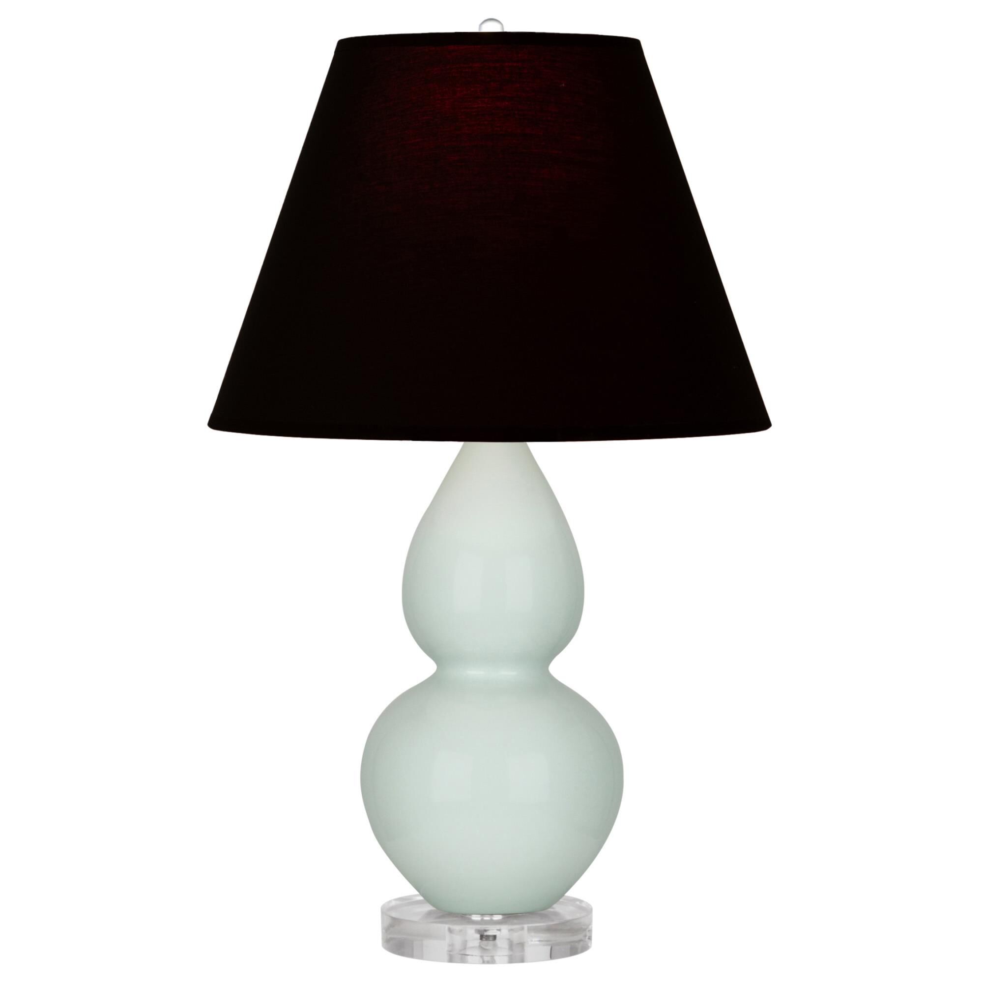 Shown in Celadon finish and Ink Black with Rose Red Lining Fabric shade and Lucite accent
