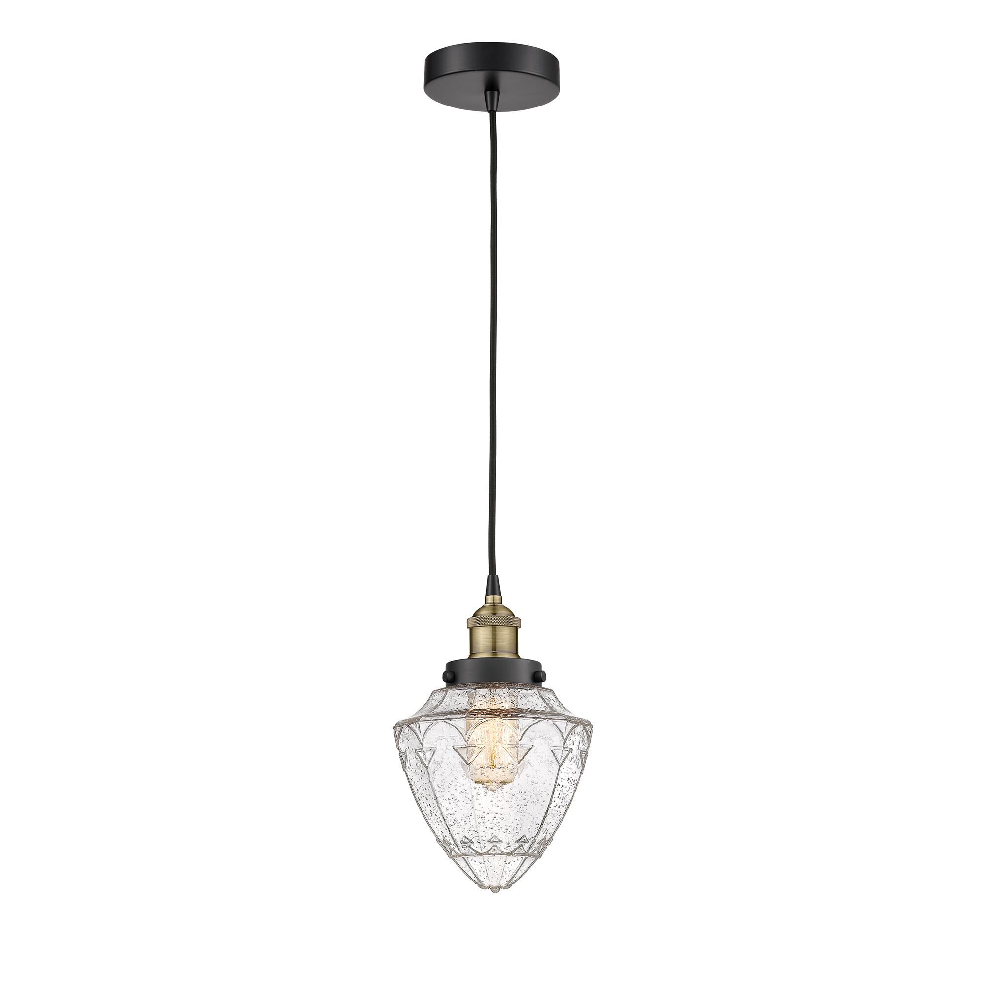 Shown in Black Antique Brass finish and Seedy glass