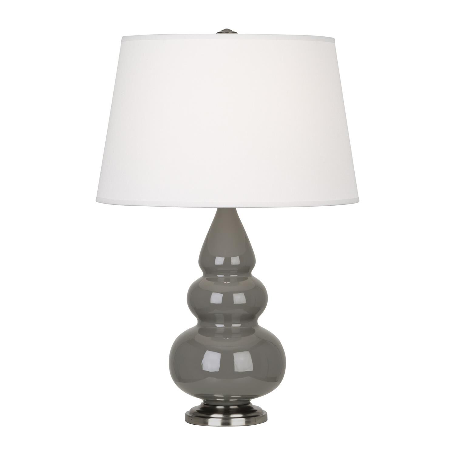 Shown in Ash Glazed Ceramic With Antique Silver ed Accents finish and Pearl Dupioni Fabric shade