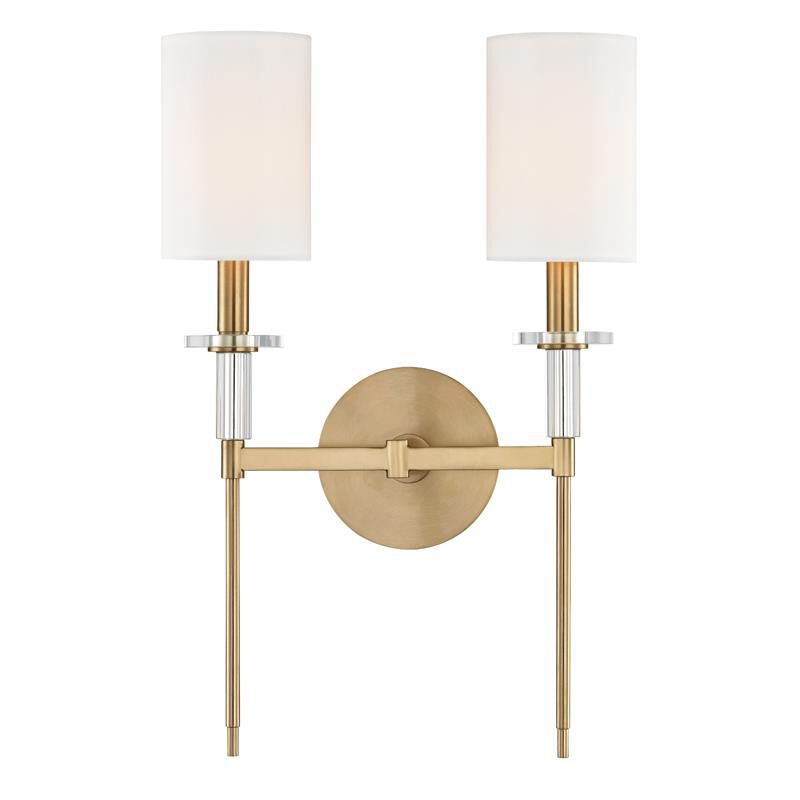 Shown in Aged Brass finish and White Faux Silk shade and Crystal Bobeche accent