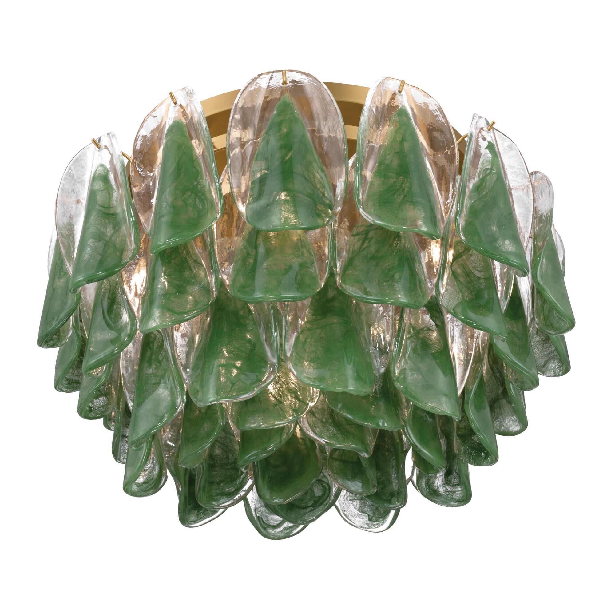 Shown in Legacy Brass finish and Green and Clear Hand-Formed glass
