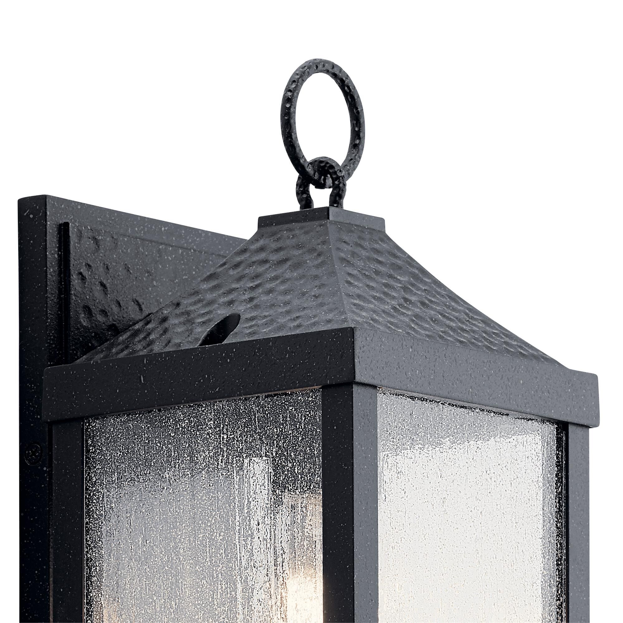 Shown in Distressed Black finish and Clear Seeded glass