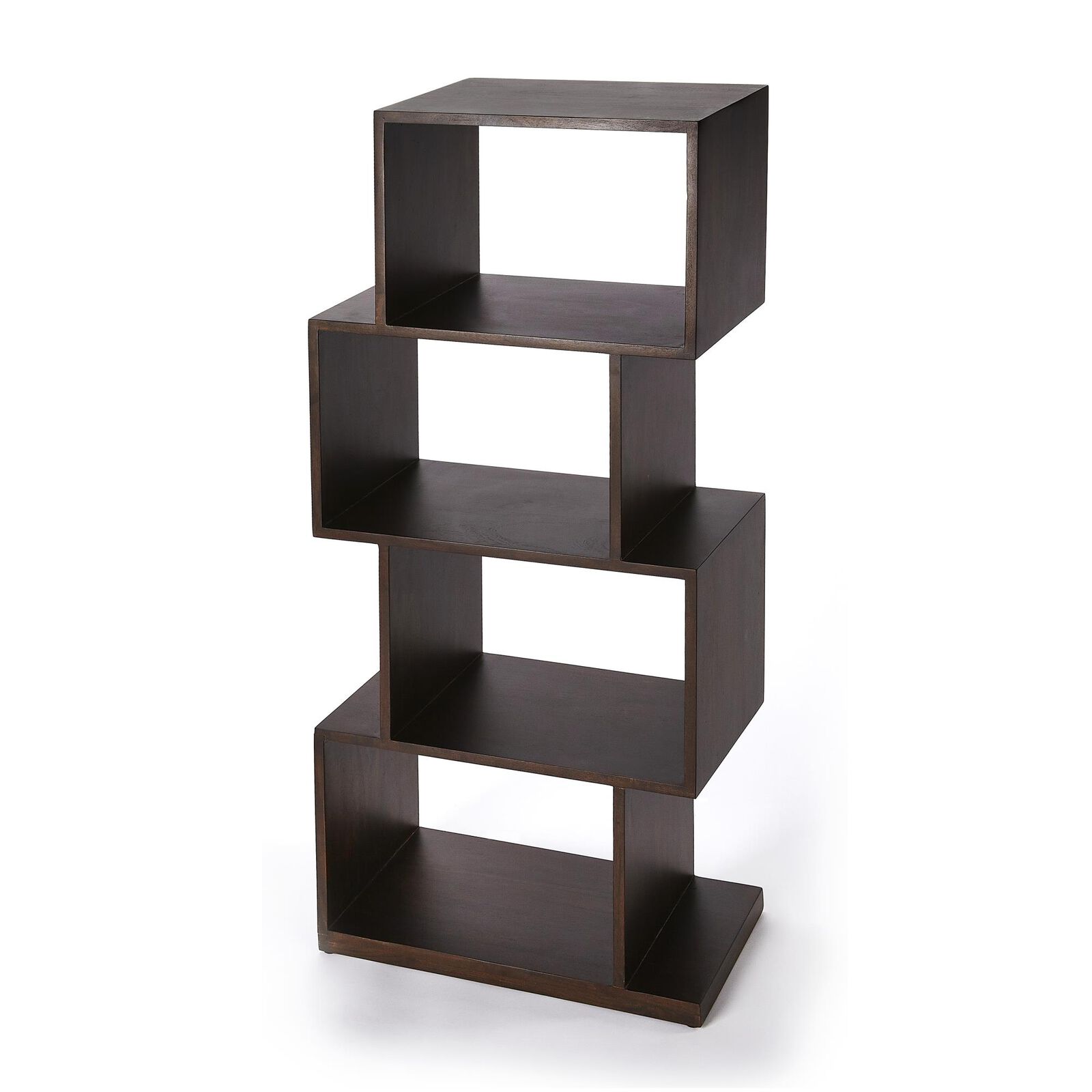 Dark brown step-style bookcase on a white background.