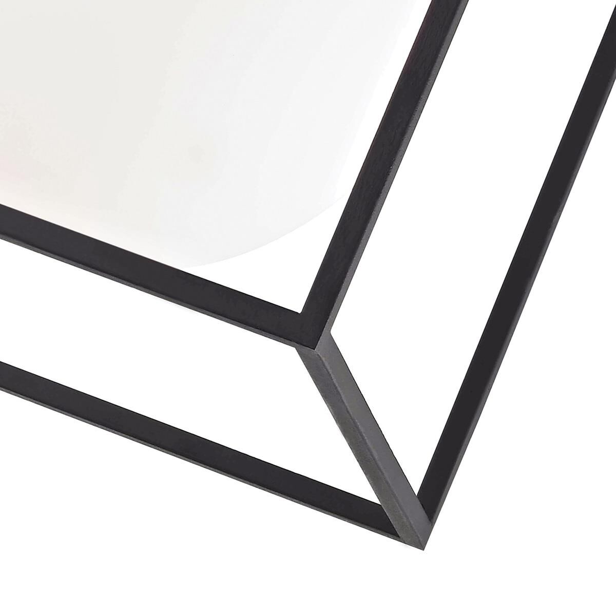 Shown in Aged Brass finish and Opal Etched glass and Black accent