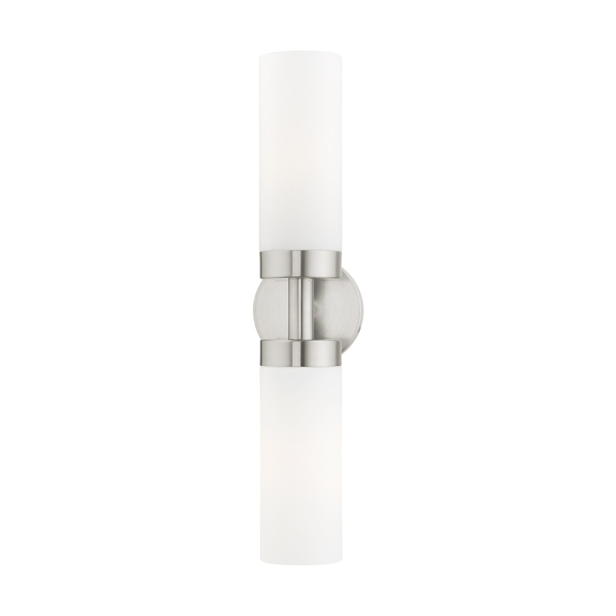 Shown in Brushed Nickel finish and Hand Blown Satin Opal White glass