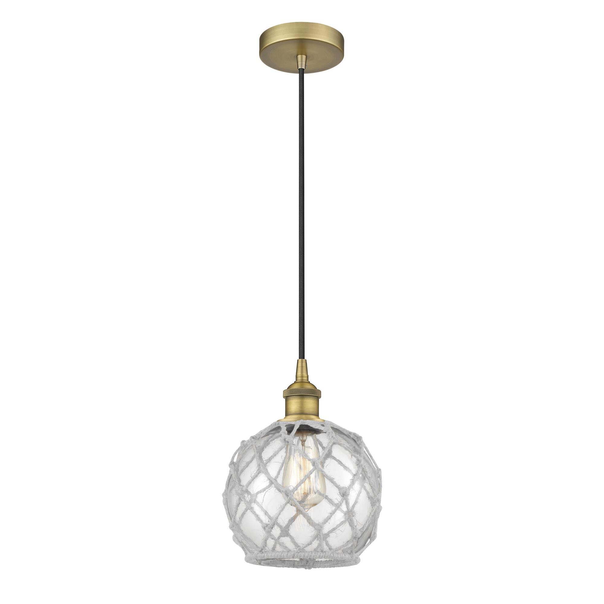 Shown in Brushed Brass finish and Clear Farmhouse With White Rope glass