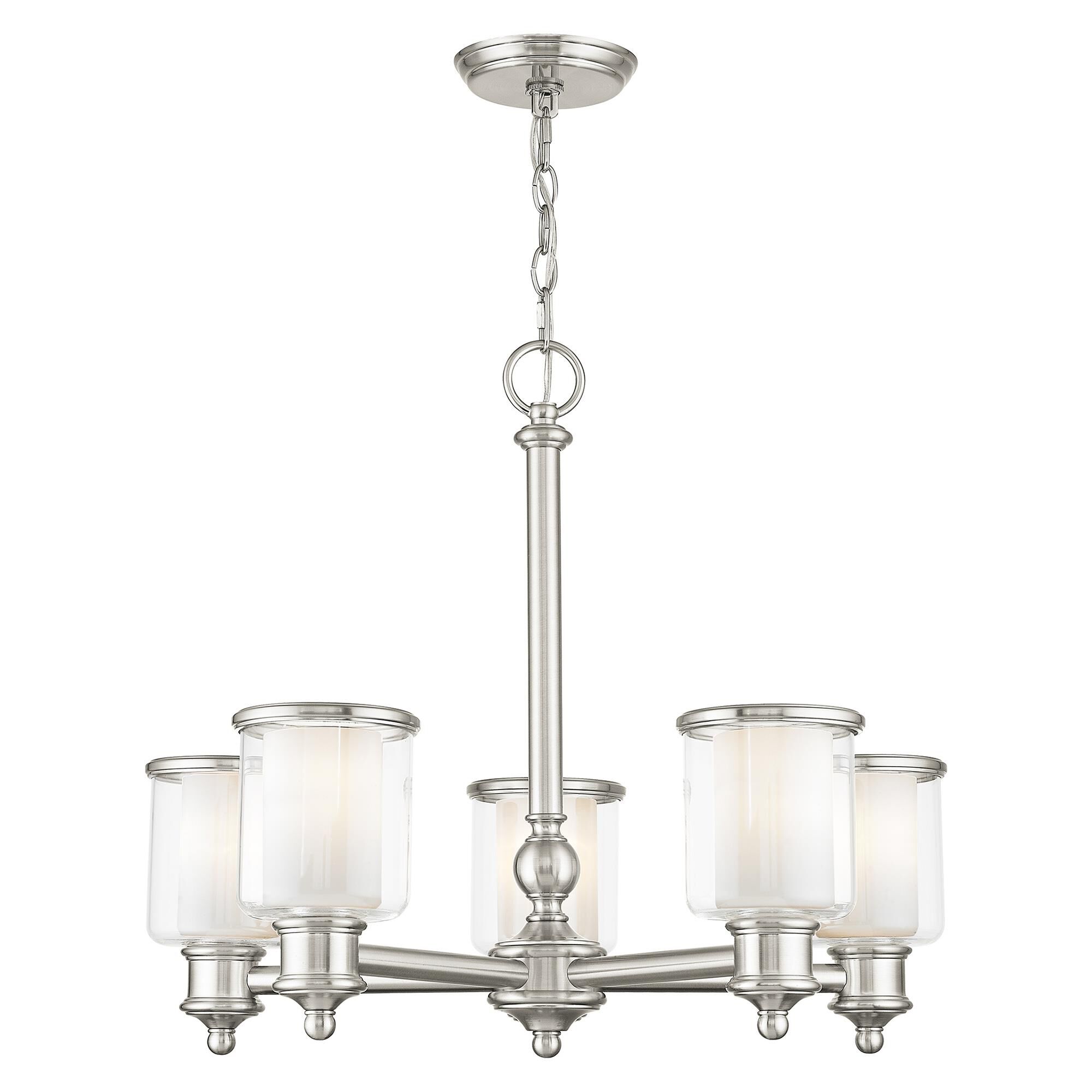 Shown in Brushed Nickel finish and Hand Crafted Clear Glass Outside & Satin Opal White Glass Inside glass